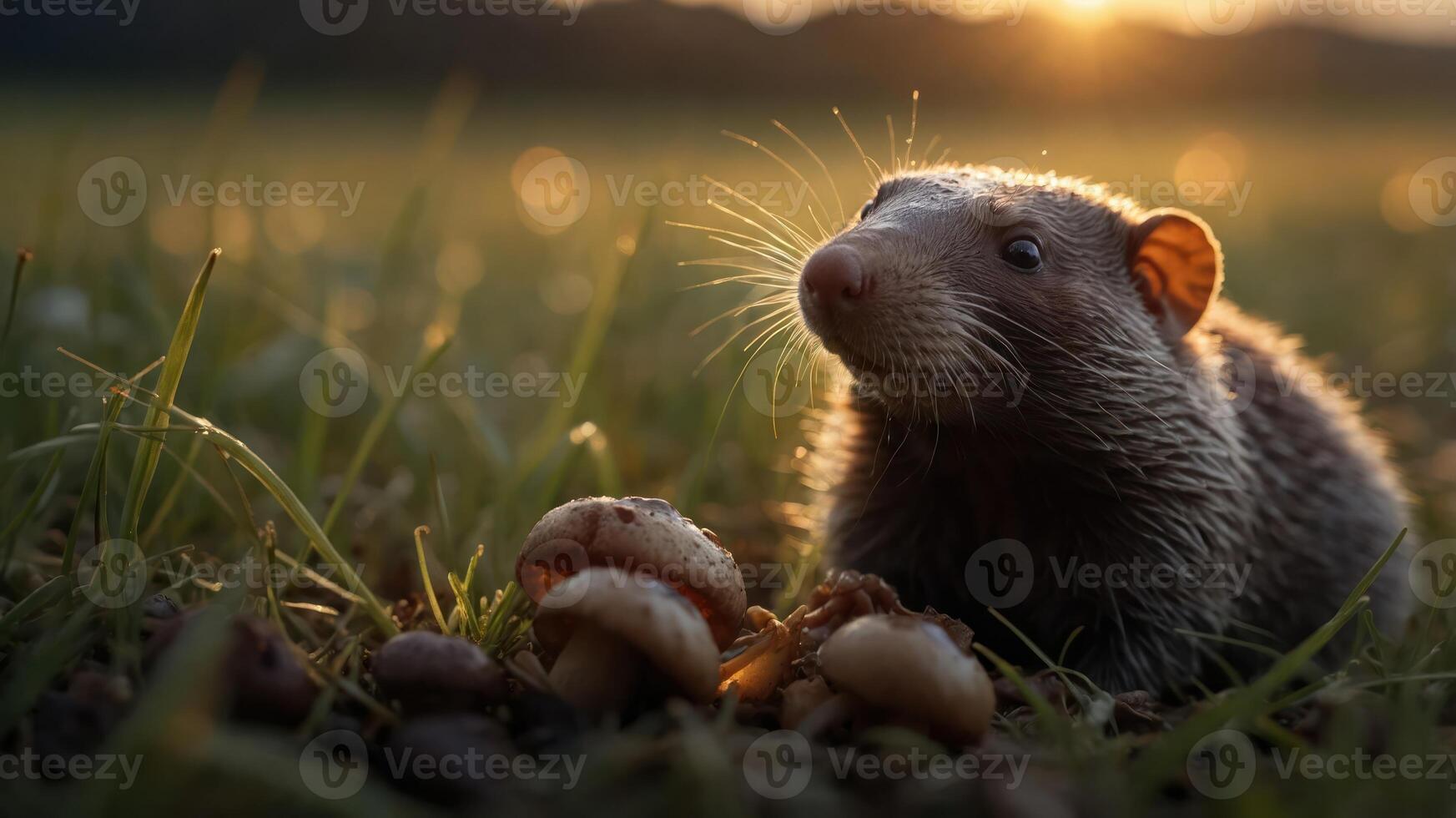 A curious small mammal exploring a grassy field adorned with mushrooms during sunset photo