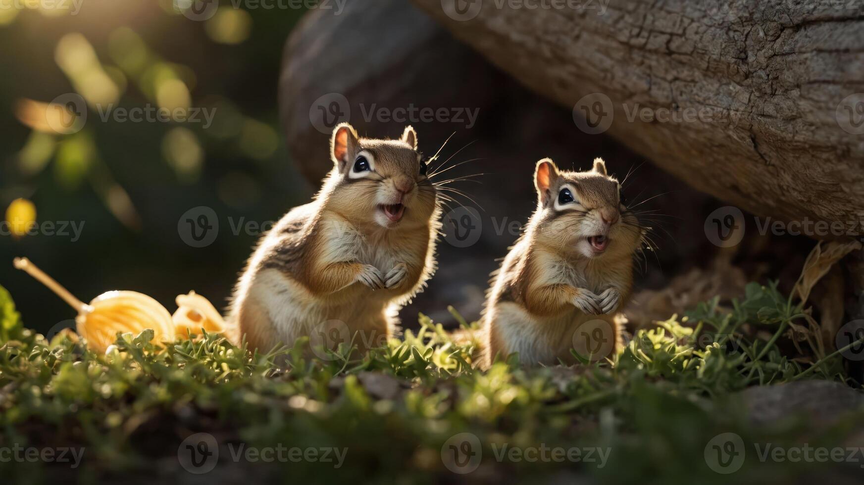 Two adorable chipmunks stand on green grass near a log, enjoying a sunny afternoon in nature photo