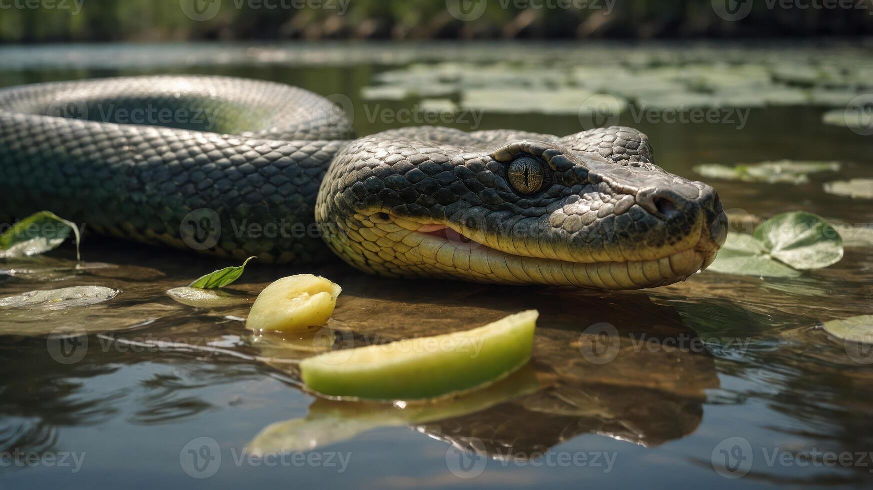 A close-up of a snake resting on the water's surface among lily pads, with fruit nearby photo