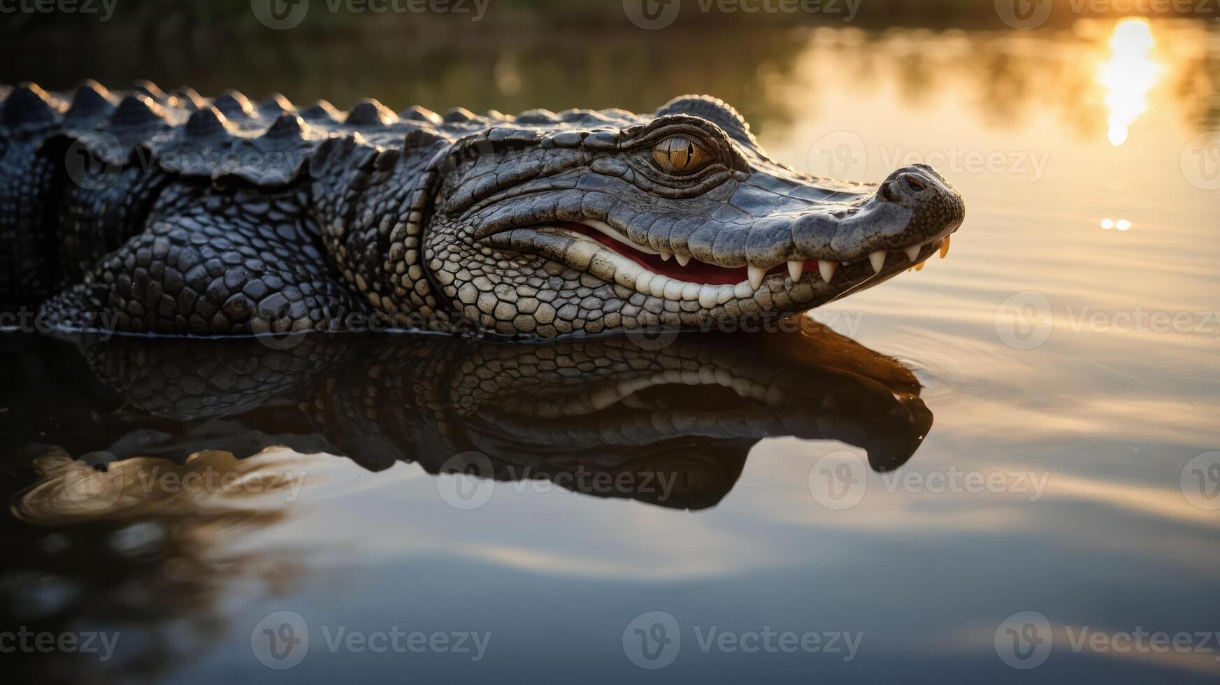 Close-up of a crocodile resting in calm waters during sunset, reflecting nature's beauty photo