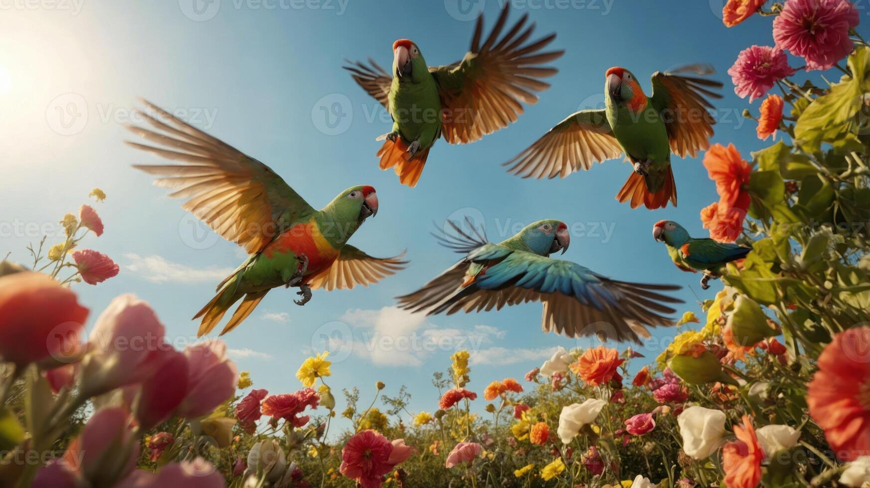 Colorful parrots flying over a vibrant flower field under a bright blue sky during daytime photo