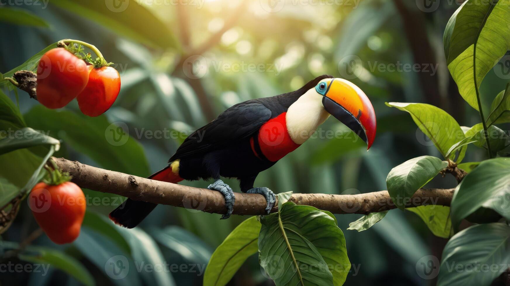 Vibrant toucan perched on a branch surrounded by lush green foliage and ripe red peppers photo