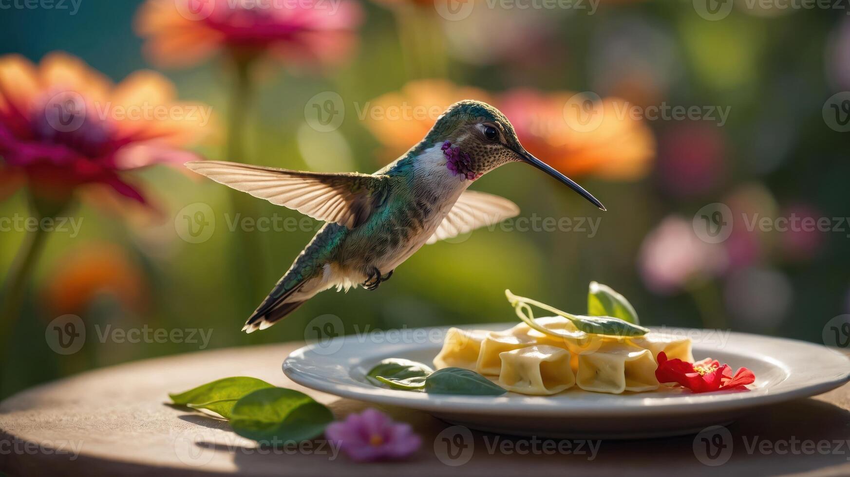 Hummingbird hovering over a plate of pasta garnished with fresh herbs in a vibrant garden photo