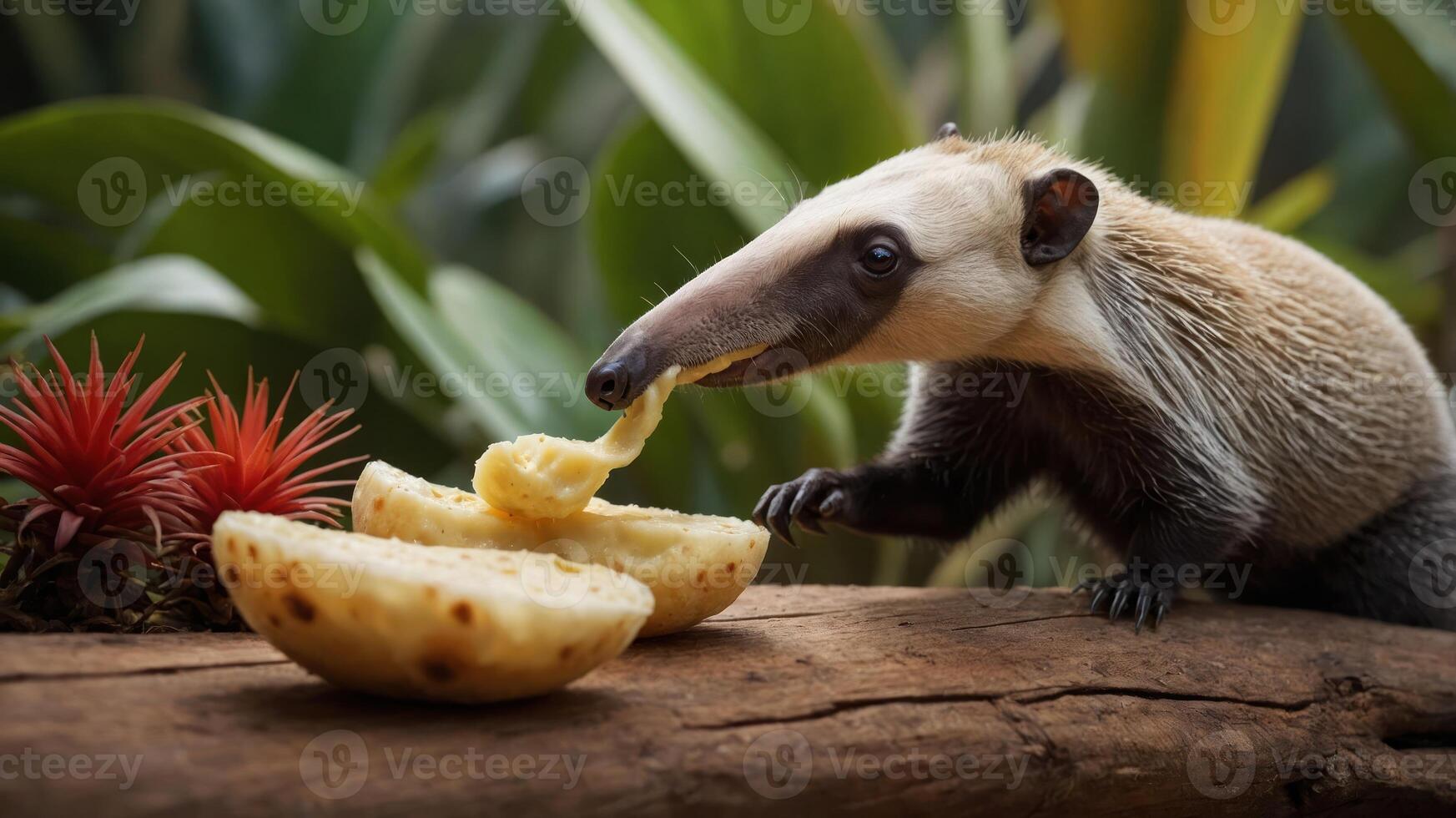 A curious anteater enjoying a delicious snack of fruit on a wooden log surrounded by lush greenery photo