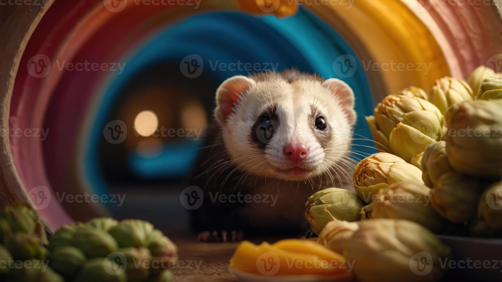 A playful ferret exploring a colorful tunnel surrounded by fresh fruits and vegetables photo