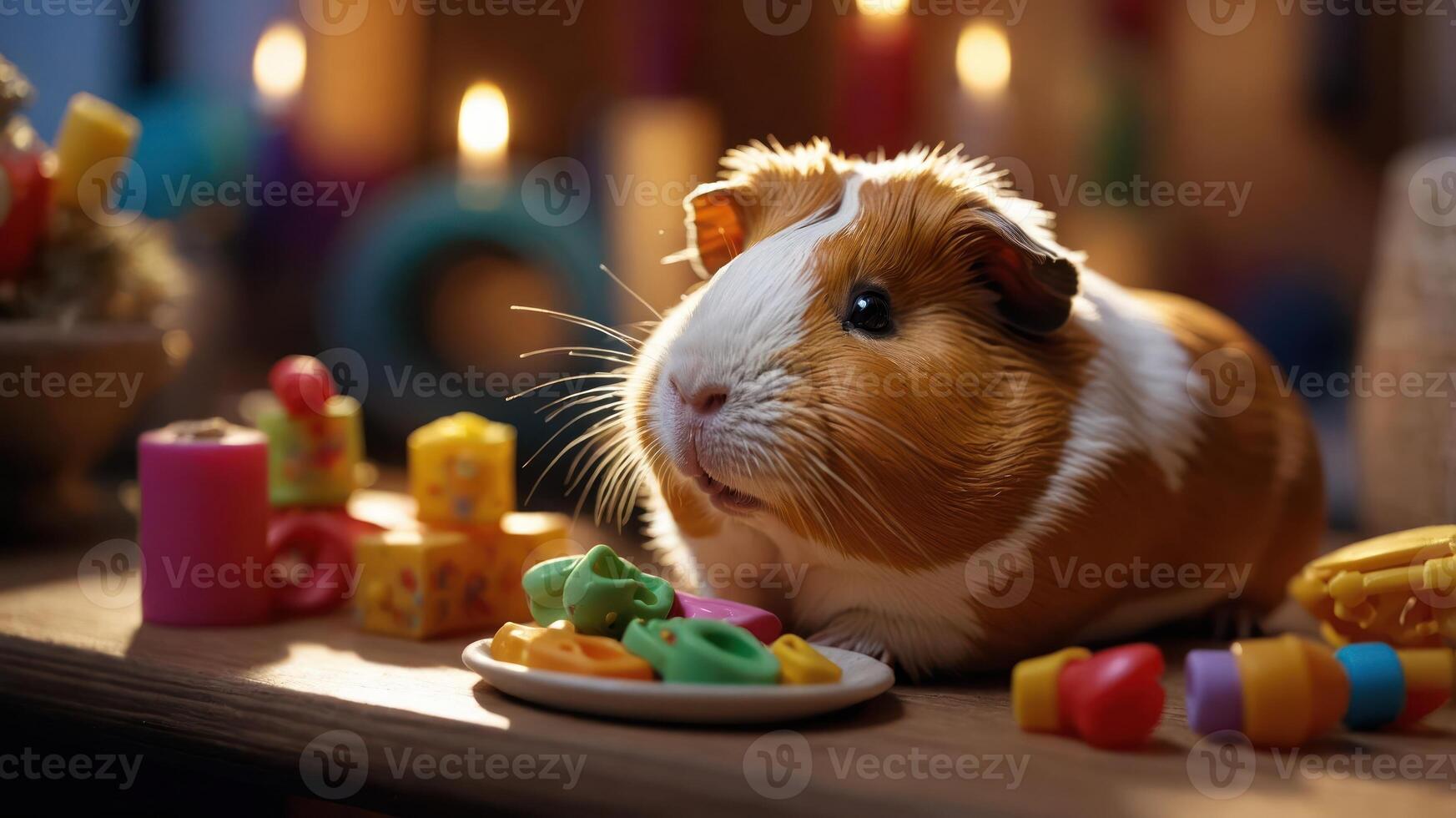 A cute guinea pig sitting on a wooden table surrounded by colorful toys and snacks, with candles in the background photo