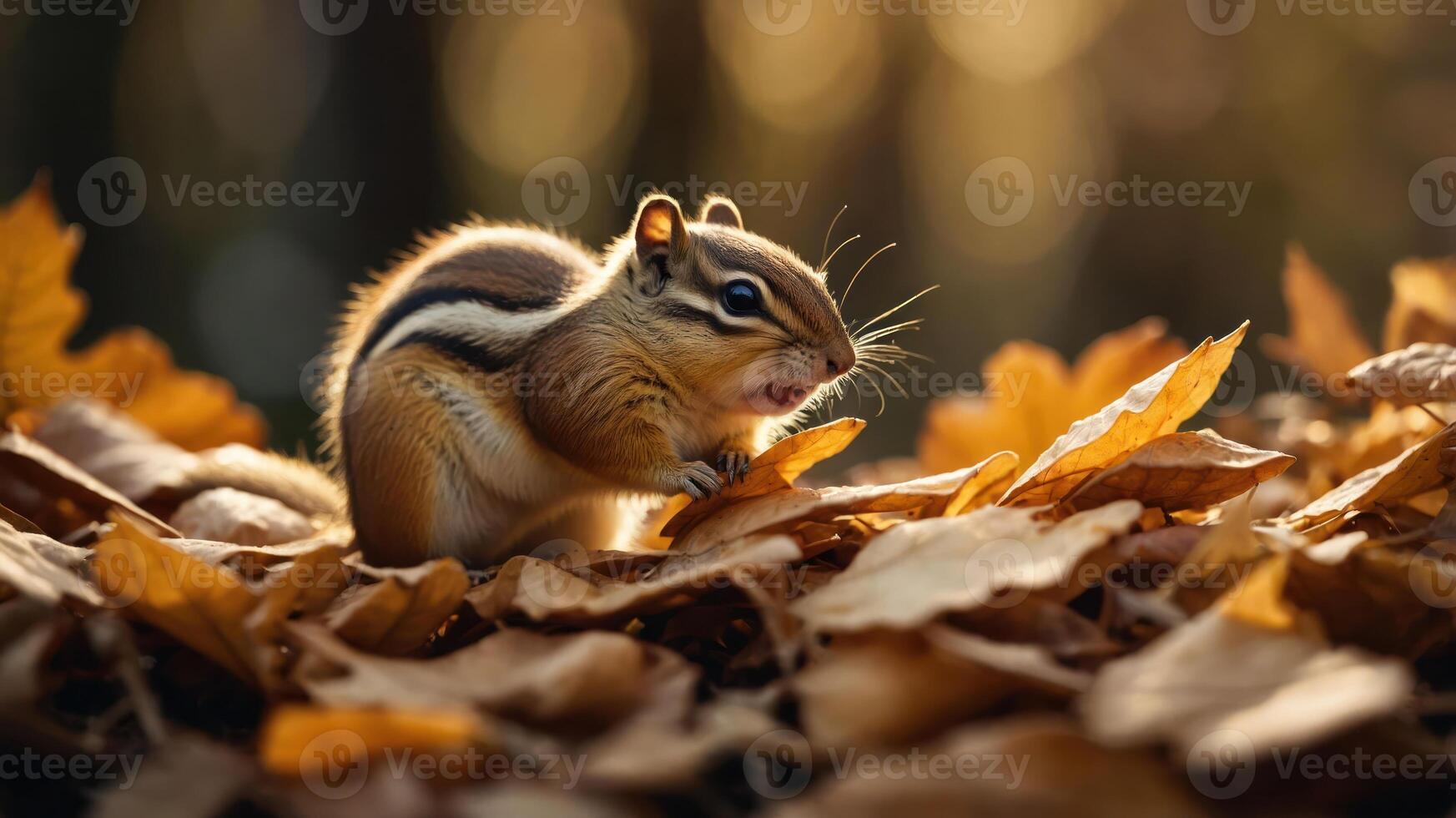 A chipmunk foraging among autumn leaves in a serene forest setting, capturing nature's beauty photo