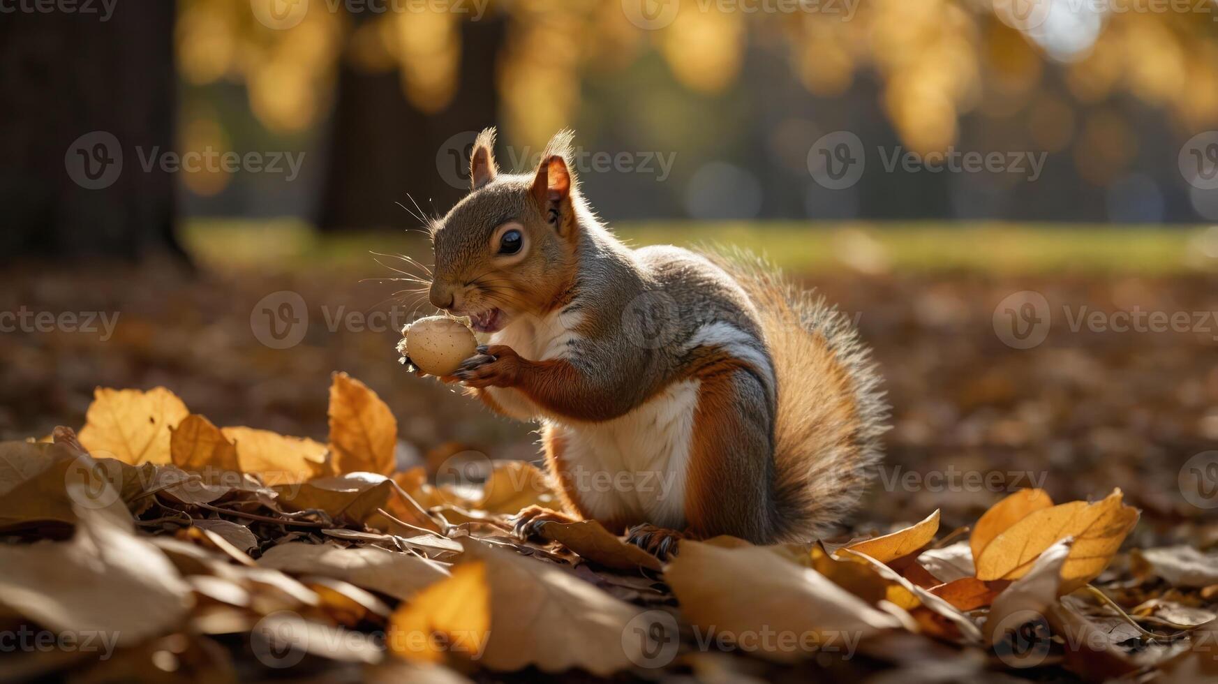 Squirrel Holding Nut Amidst Colorful Autumn Leaves in a Peaceful Park Setting photo