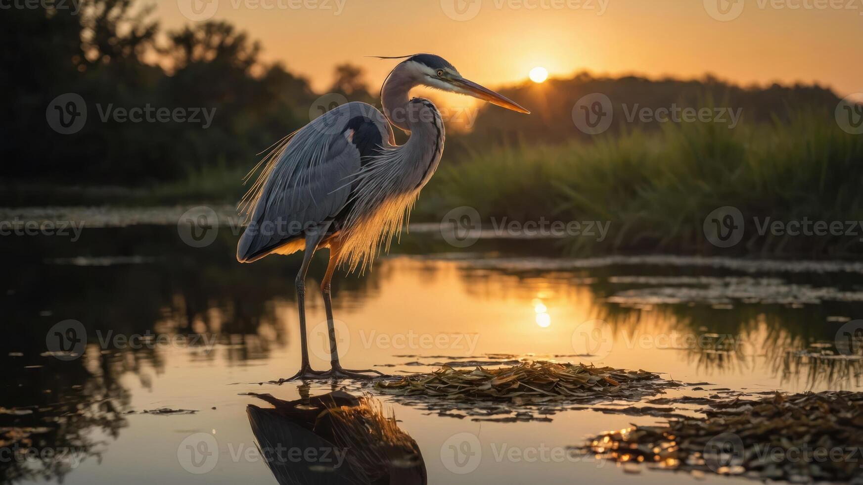 Majestic heron wading in serene waters at sunset, reflecting golden hues in tranquil landscape photo