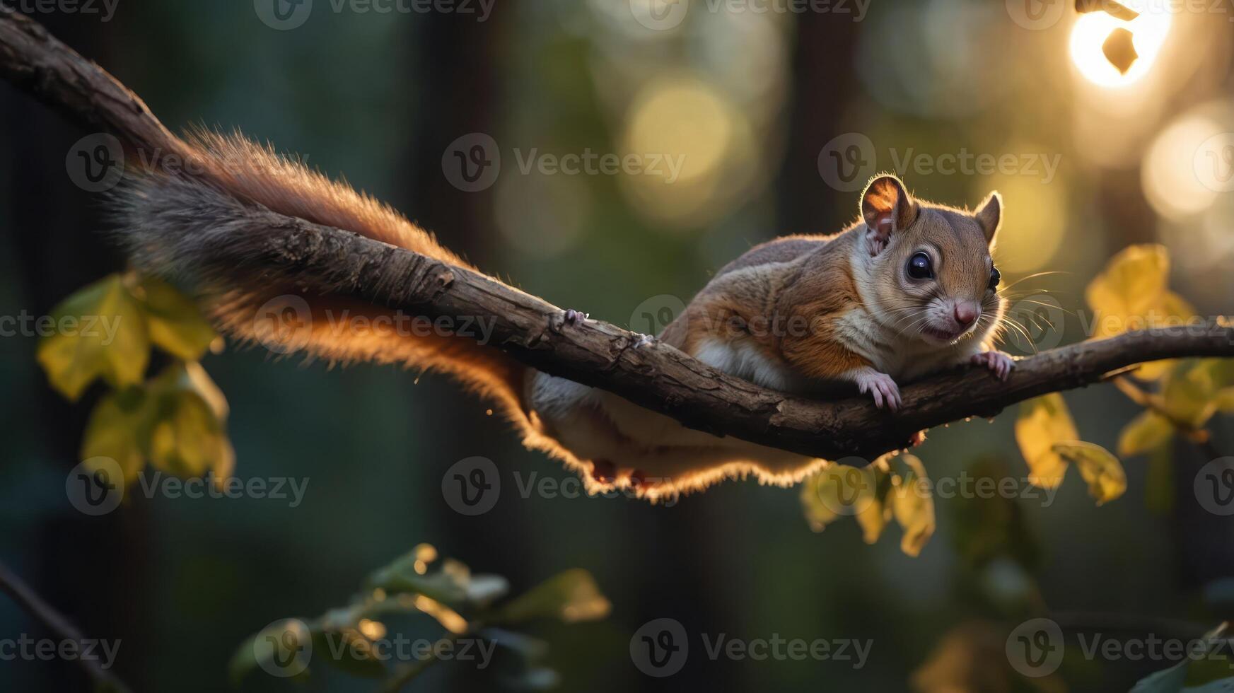 A playful squirrel resting on a branch in a sunlit forest, surrounded by lush greenery photo