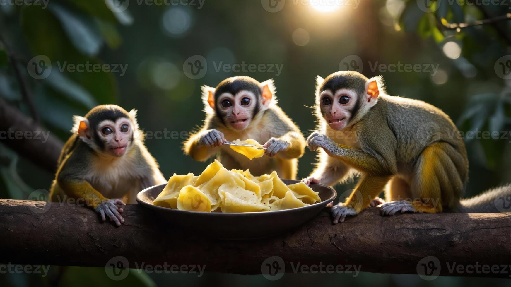 Three playful monkeys enjoying a bowl of pasta in a lush forest during golden hour photo