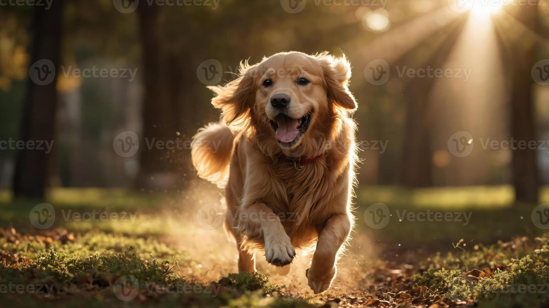 Golden retriever joyfully running through a sunlit park, with dust rising and trees in the background photo