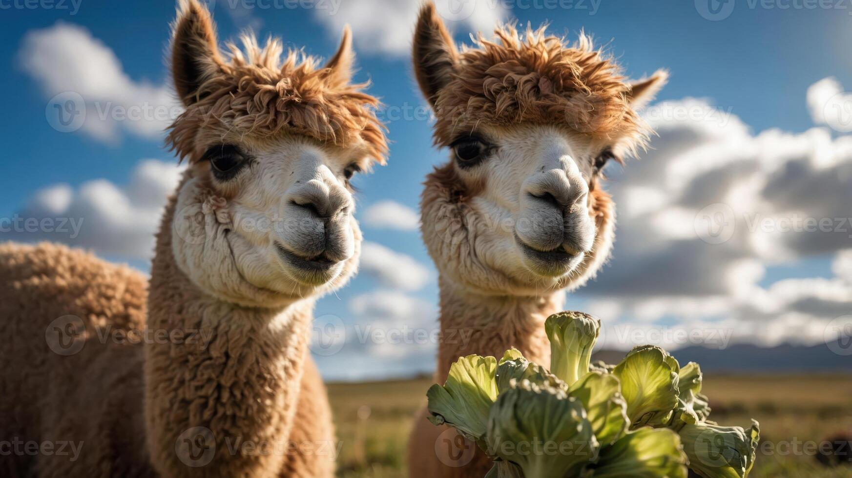 Two adorable alpacas enjoying a sunny day in a lush green field with clouds overhead photo