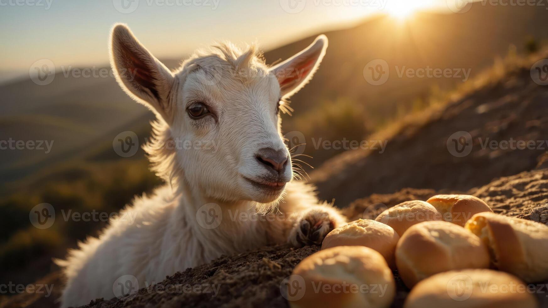 Playful goat enjoying a sunny hillside with freshly baked bread rolls at sunset photo
