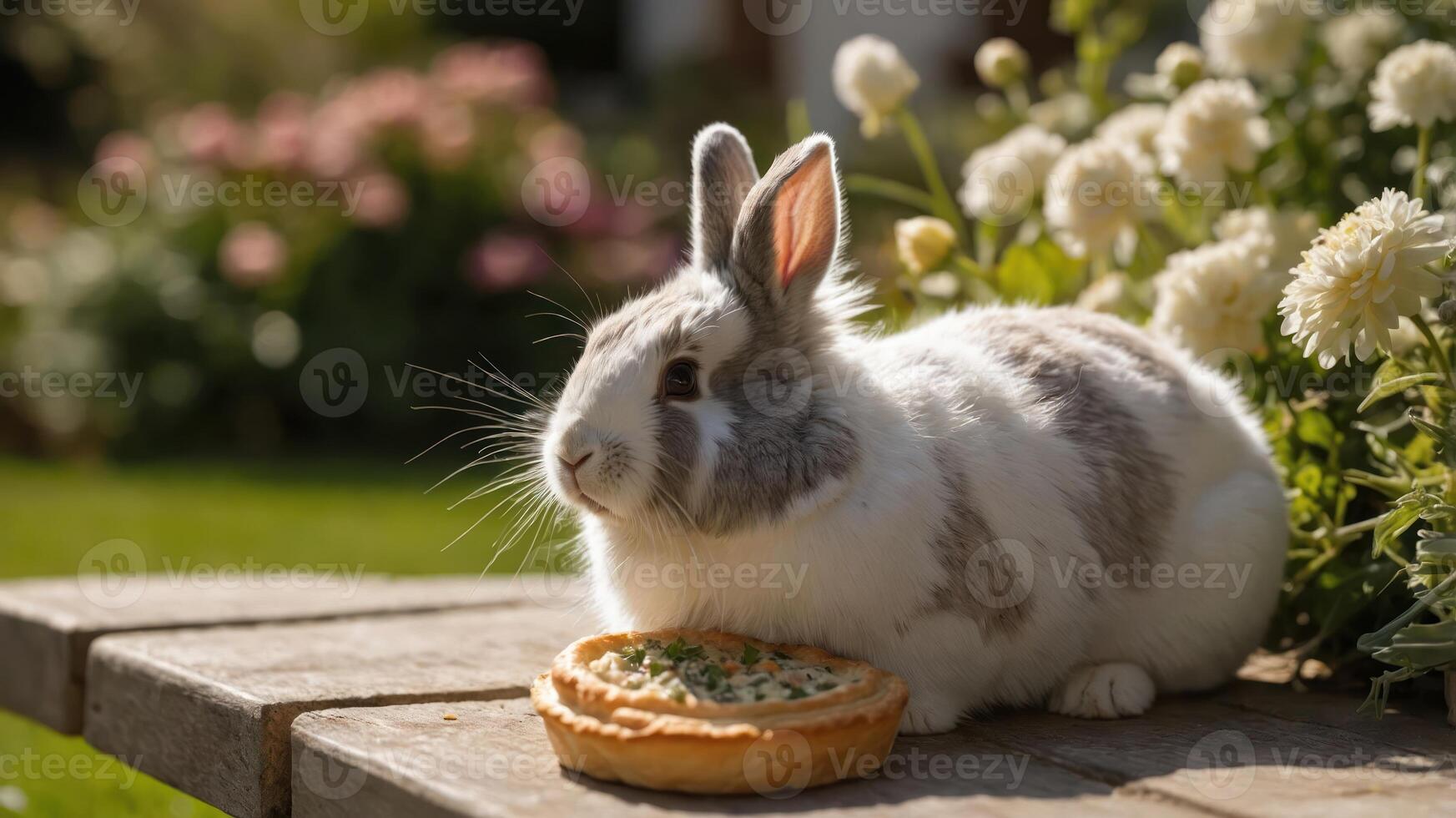 A fluffy rabbit sitting on a wooden table with a pie, surrounded by blooming flowers in a sunny garden photo