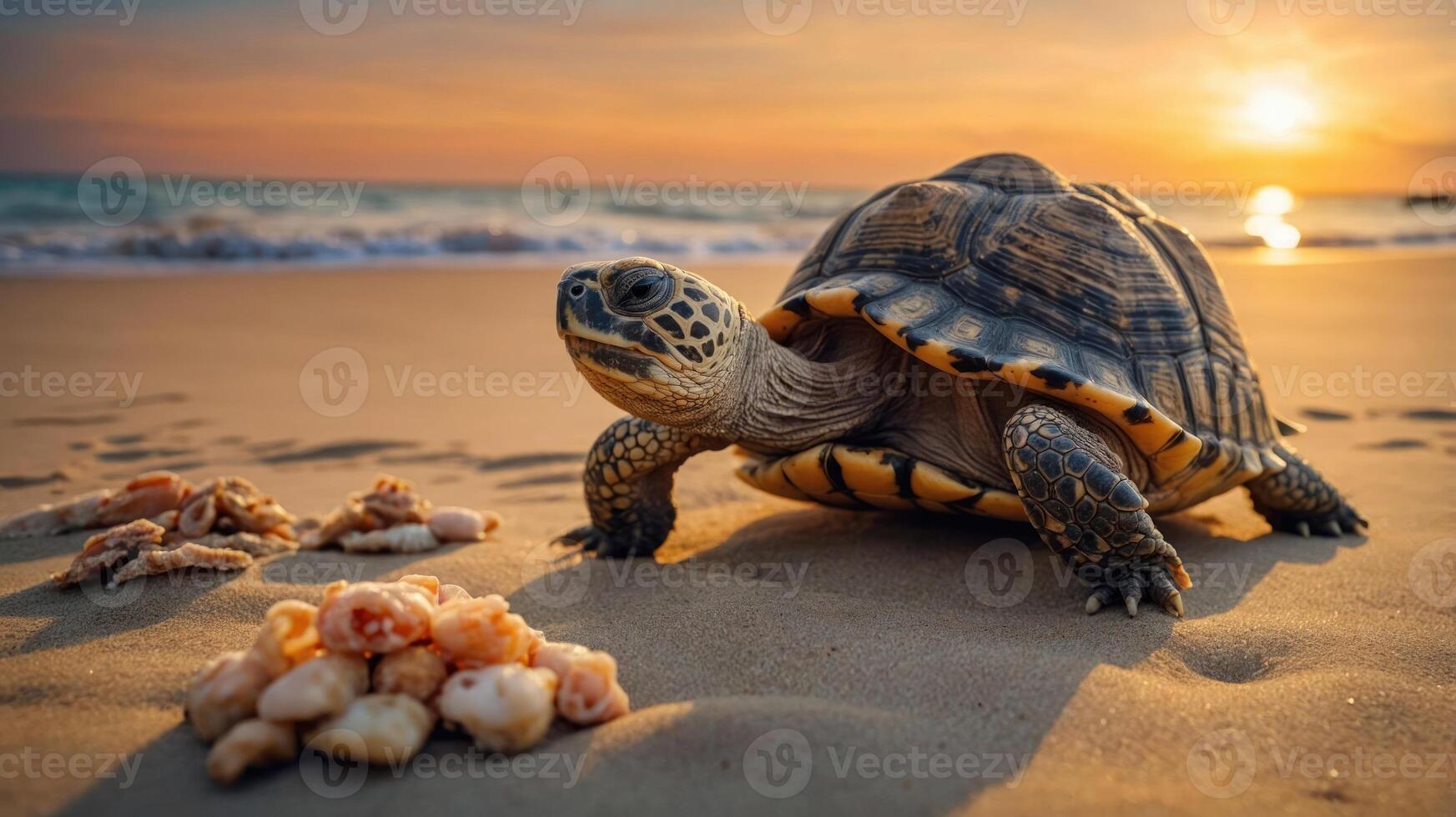 A turtle on a sandy beach at sunset, exploring seashells near the shoreline, with waves in the background photo