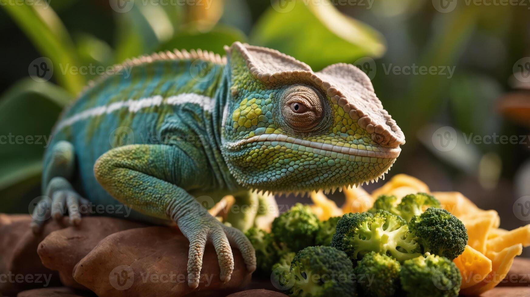 Colorful chameleon perched on rocks surrounded by fresh vegetables in a lush garden setting photo