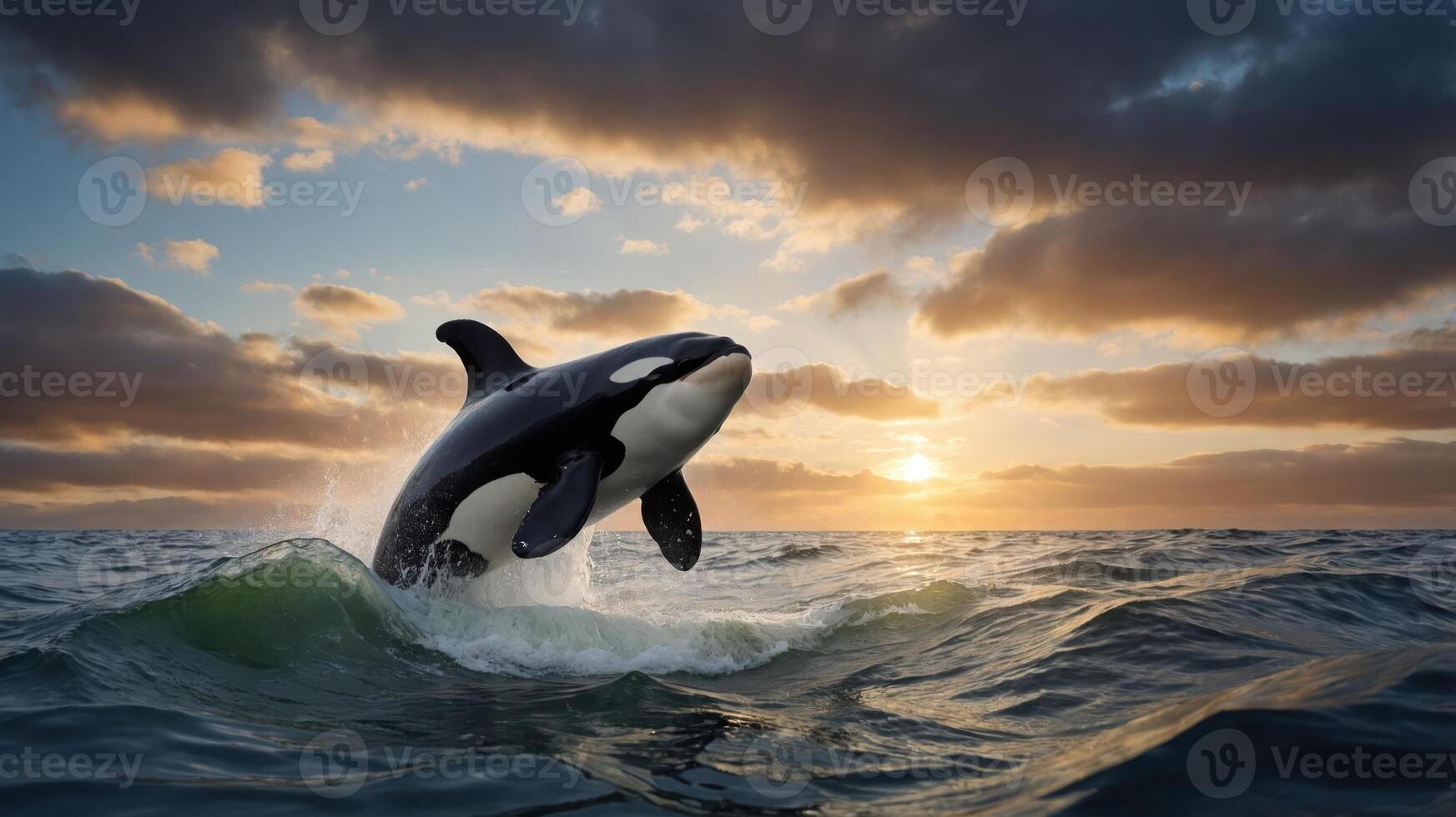 Majestic orca breaching the ocean surface at sunset, creating a stunning silhouette against clouds photo