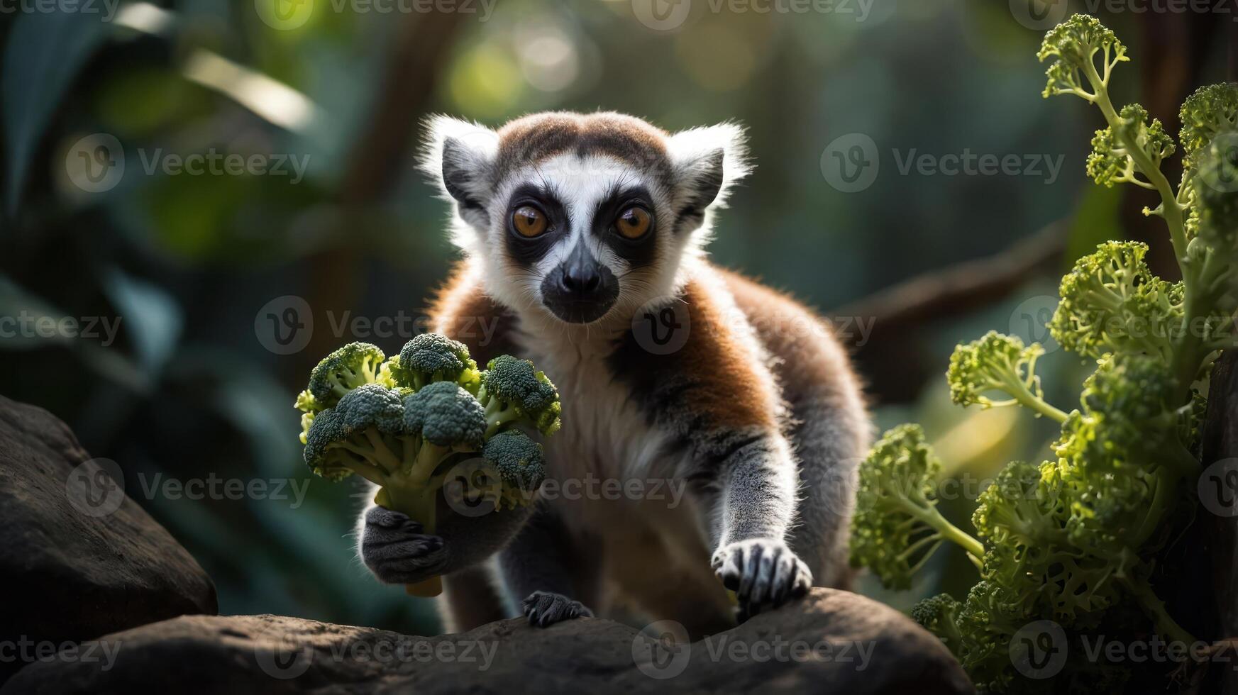 A curious lemur holding a bunch of broccoli amidst lush greenery in a vibrant habitat photo