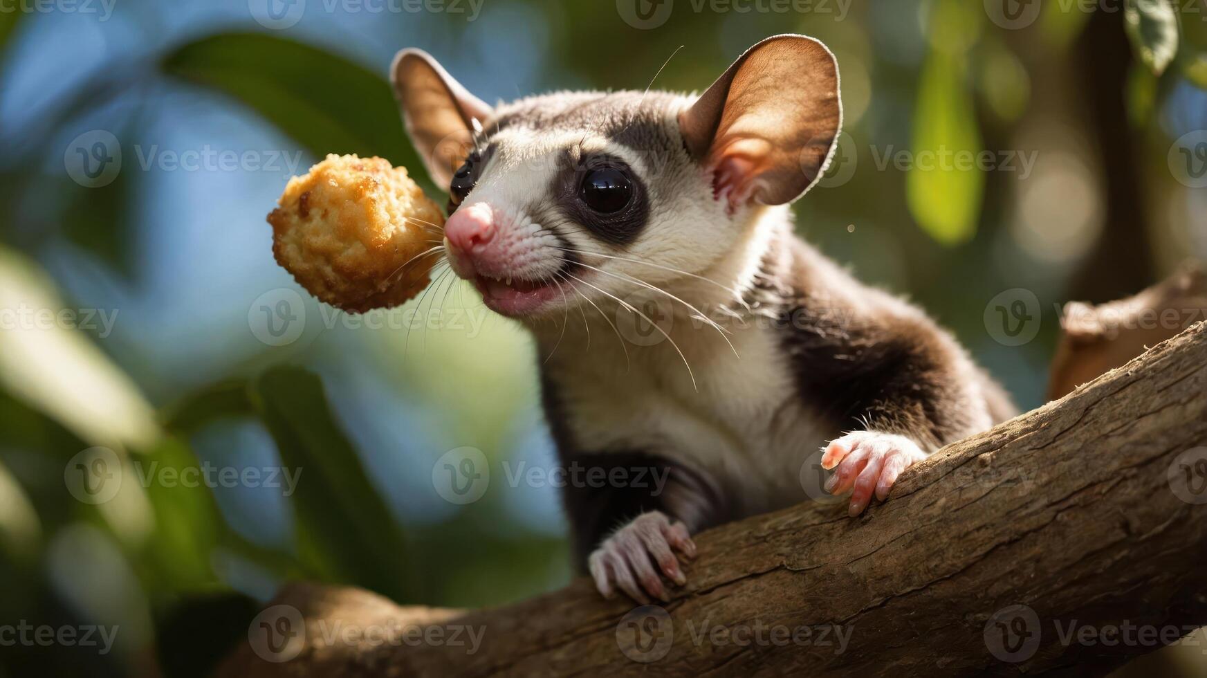 A playful marsupial perched on a branch, enjoying a snack amidst lush greenery and sunlight photo
