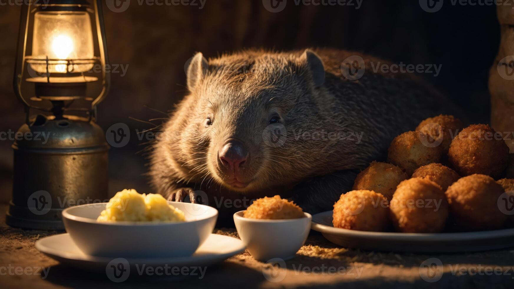 A cozy scene featuring a wombat enjoying a meal of mashed potatoes and croquettes by lantern light photo