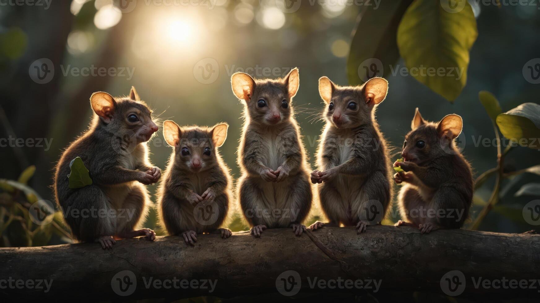 Five adorable small marsupials sitting on a branch in a lush forest during sunset photo