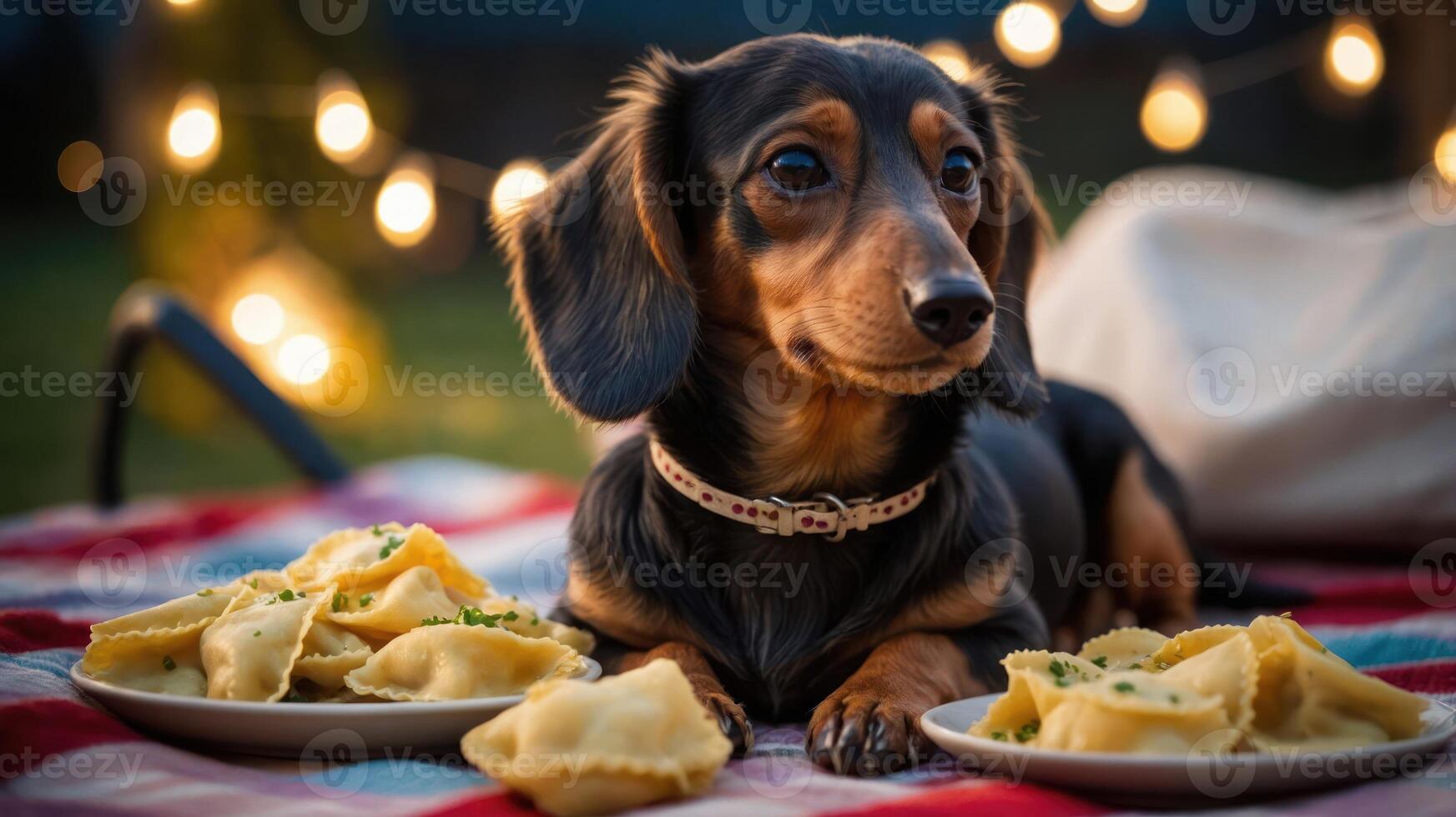 A dachshund lounging on a picnic blanket surrounded by plates of pasta under string lights photo