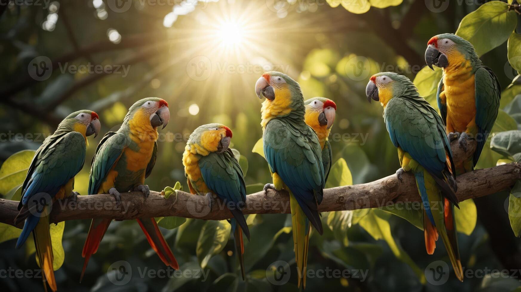 Colorful parrots perched on a branch in a lush forest, illuminated by warm sunlight photo