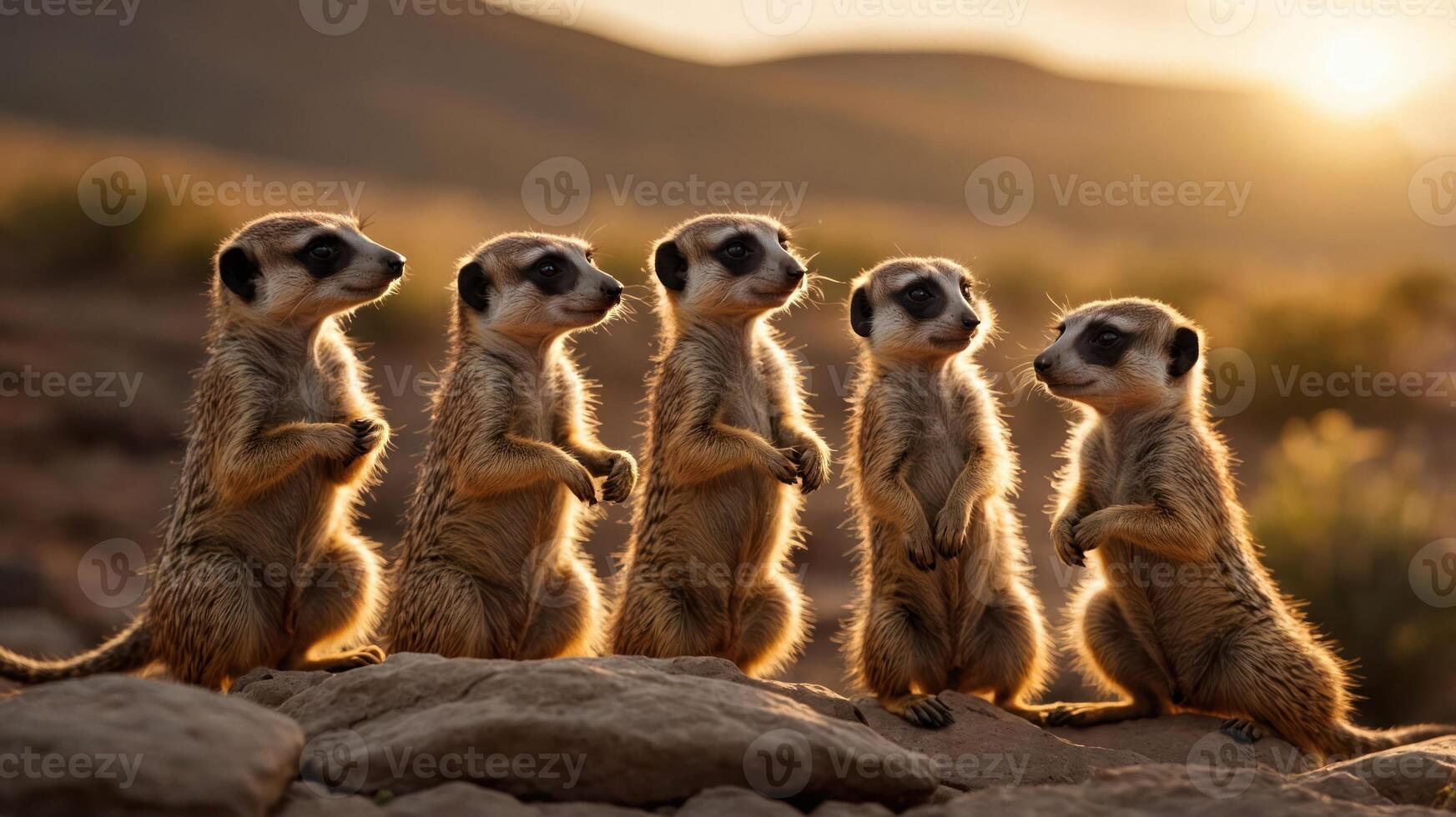 Group of meerkats standing on a rock formation during sunset, observing their surroundings photo