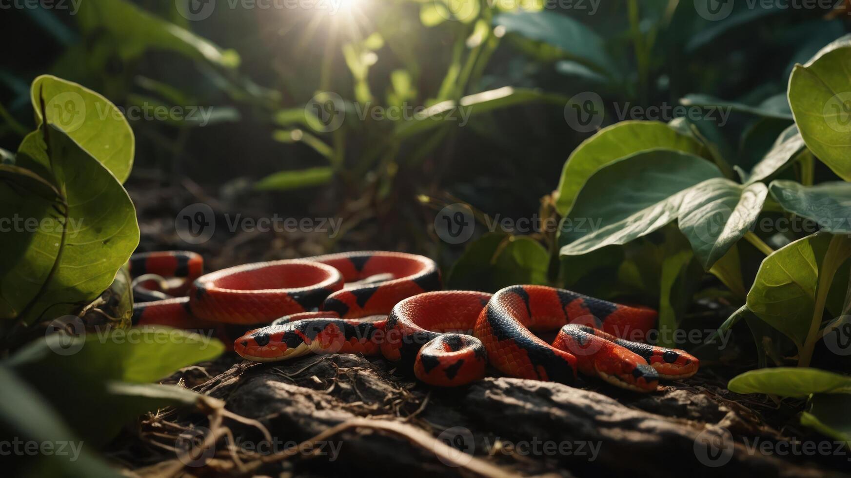 Vibrant red and black snake resting on forest floor surrounded by lush green foliage and sunlight photo