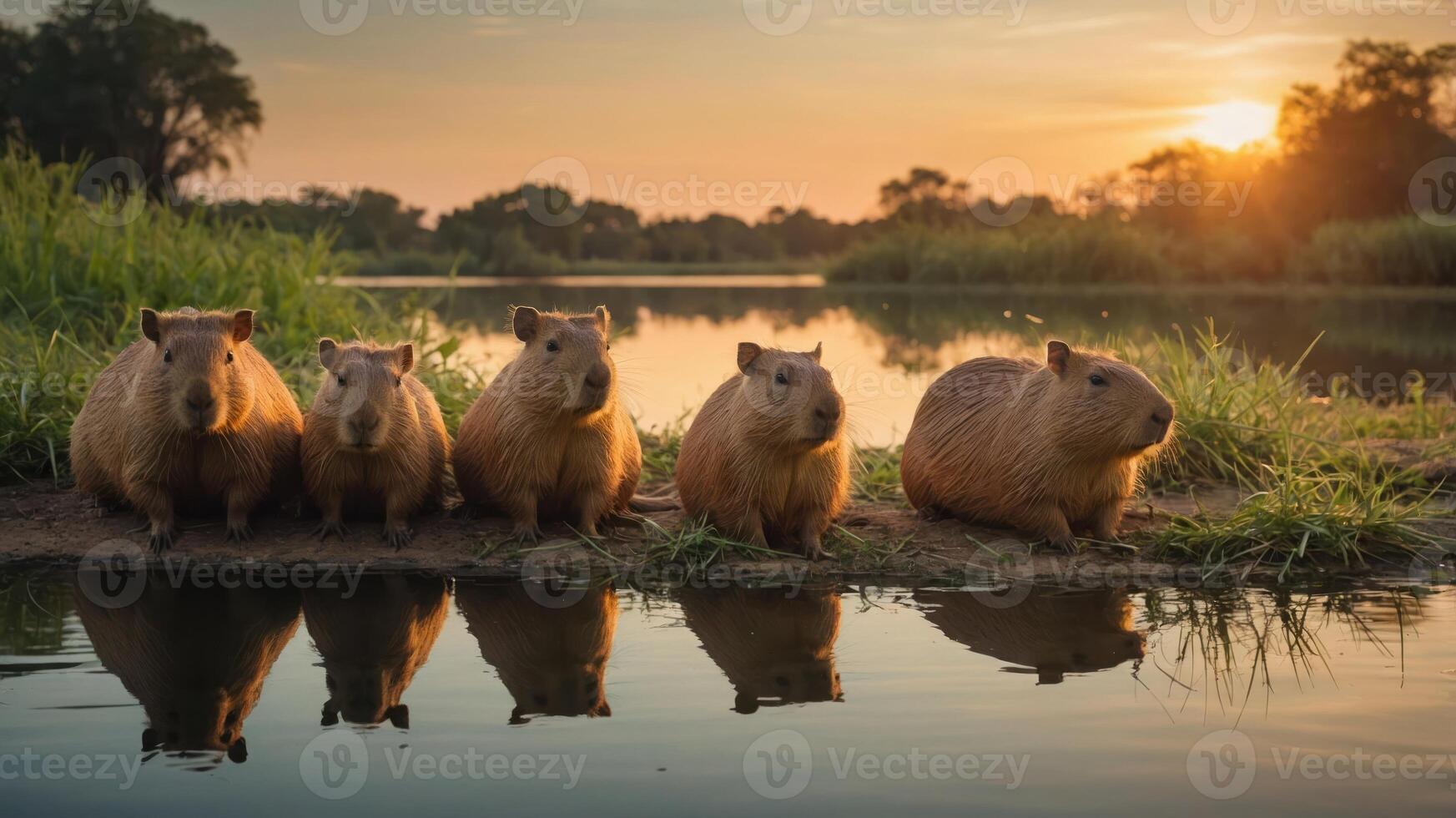 Five capybaras sitting by a tranquil river during sunset, surrounded by lush greenery photo