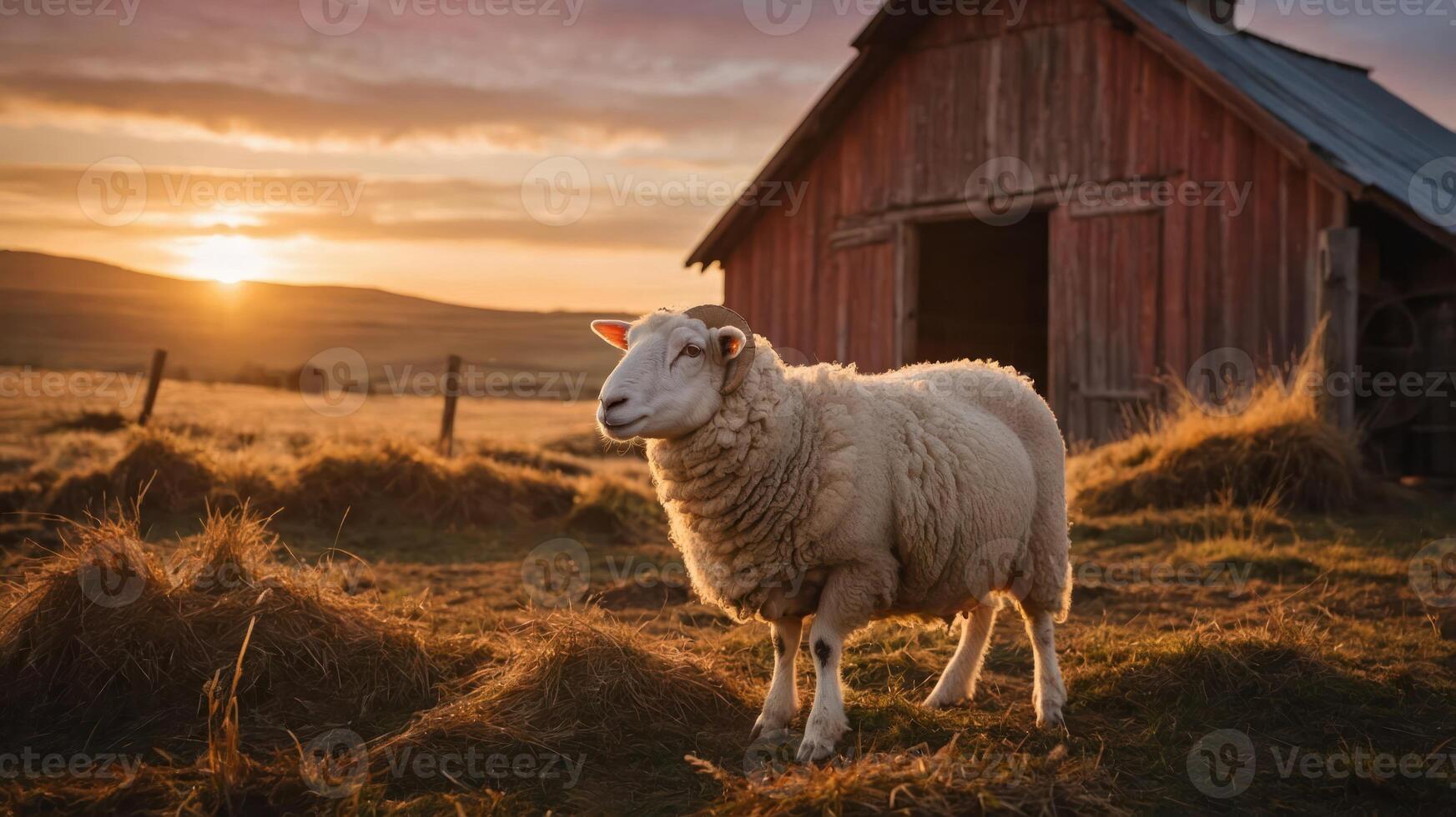 Serene sunset over a rural landscape featuring a sheep in front of a rustic barn photo