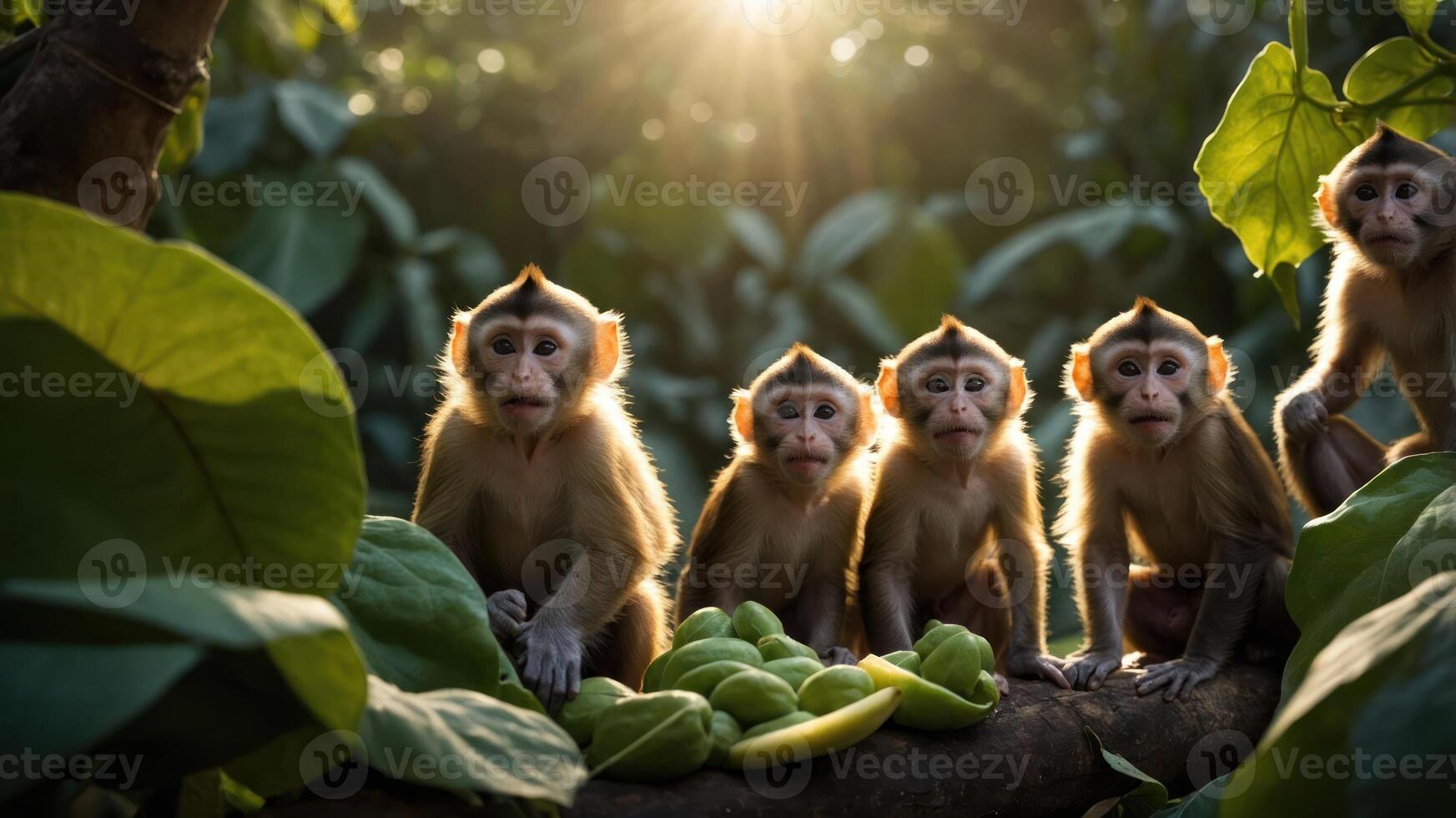 Five monkeys sitting on a branch surrounded by lush green leaves, enjoying fruits in a forest photo