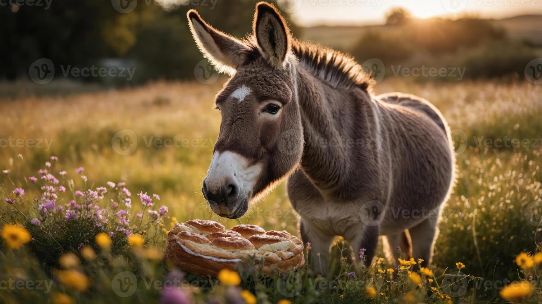 A curious donkey stands in a blooming meadow, inspecting a pie at sunset, with vibrant flowers photo