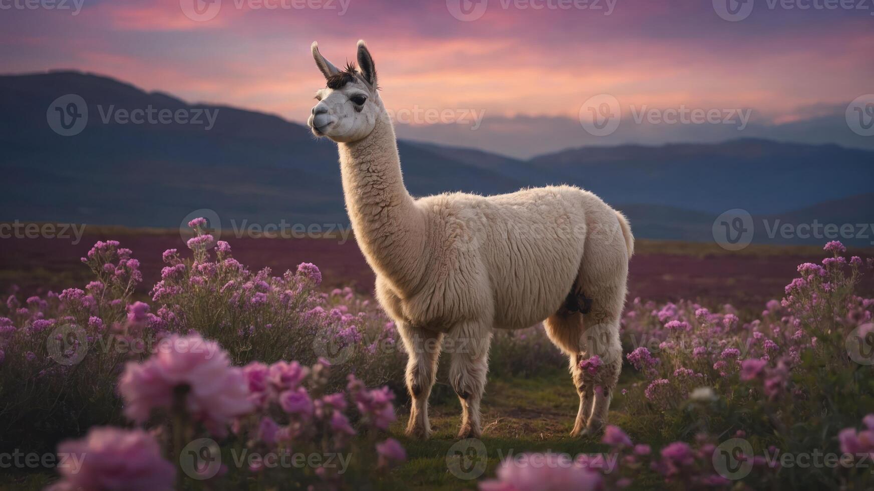 A serene llama standing among vibrant flowers at sunset in a picturesque landscape photo