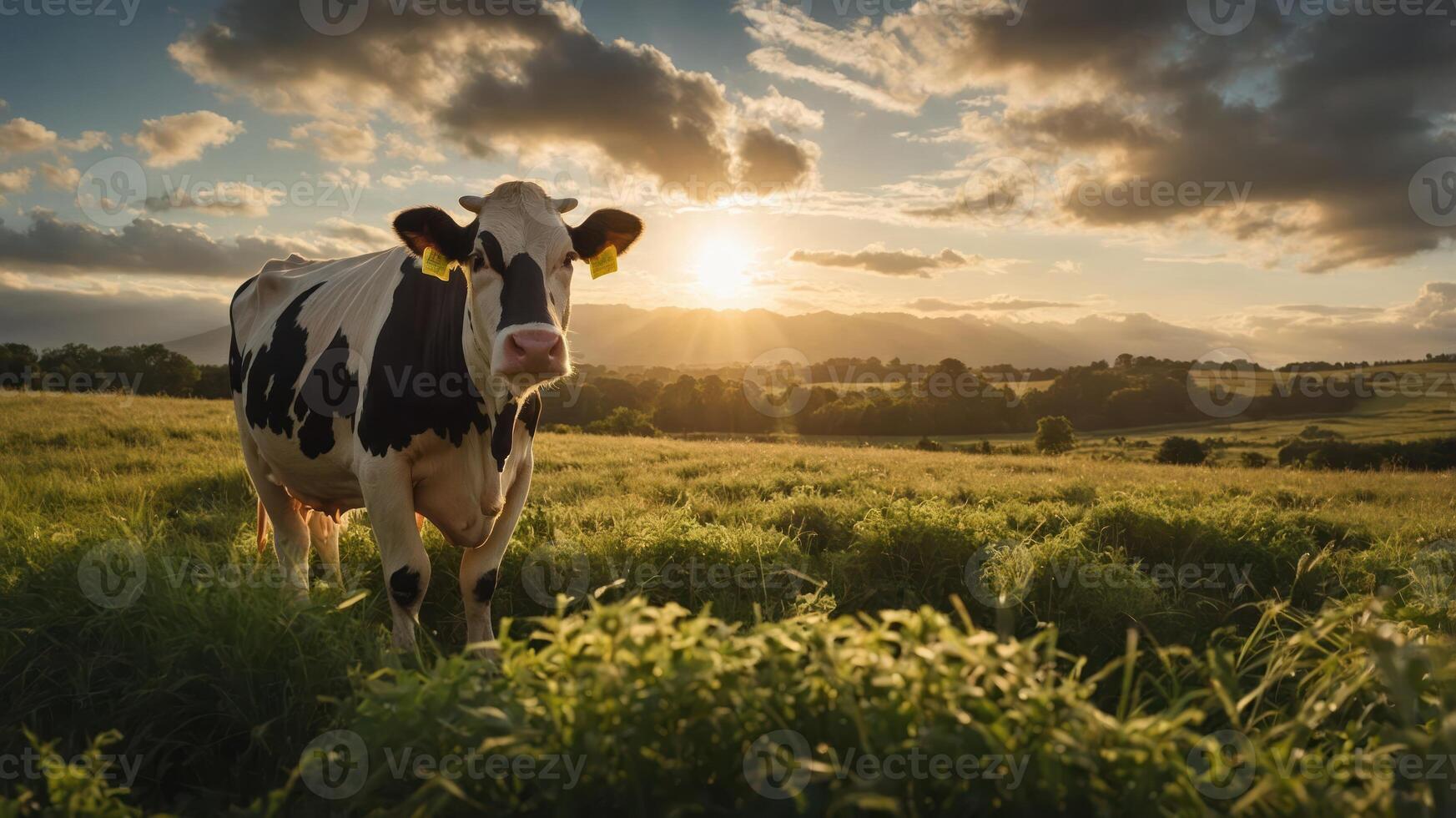 A serene cow stands in a lush green field at sunset, with mountains and clouds in the background photo