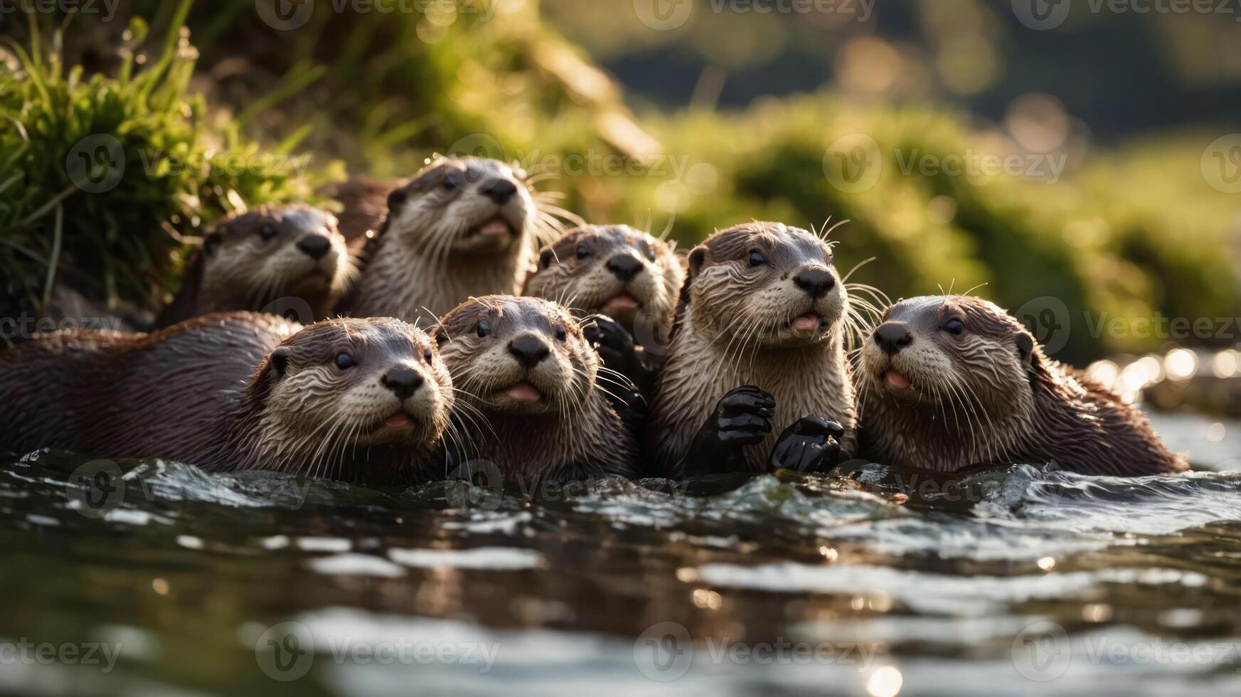 Group of playful otters swimming and interacting in a serene river environment during sunset photo