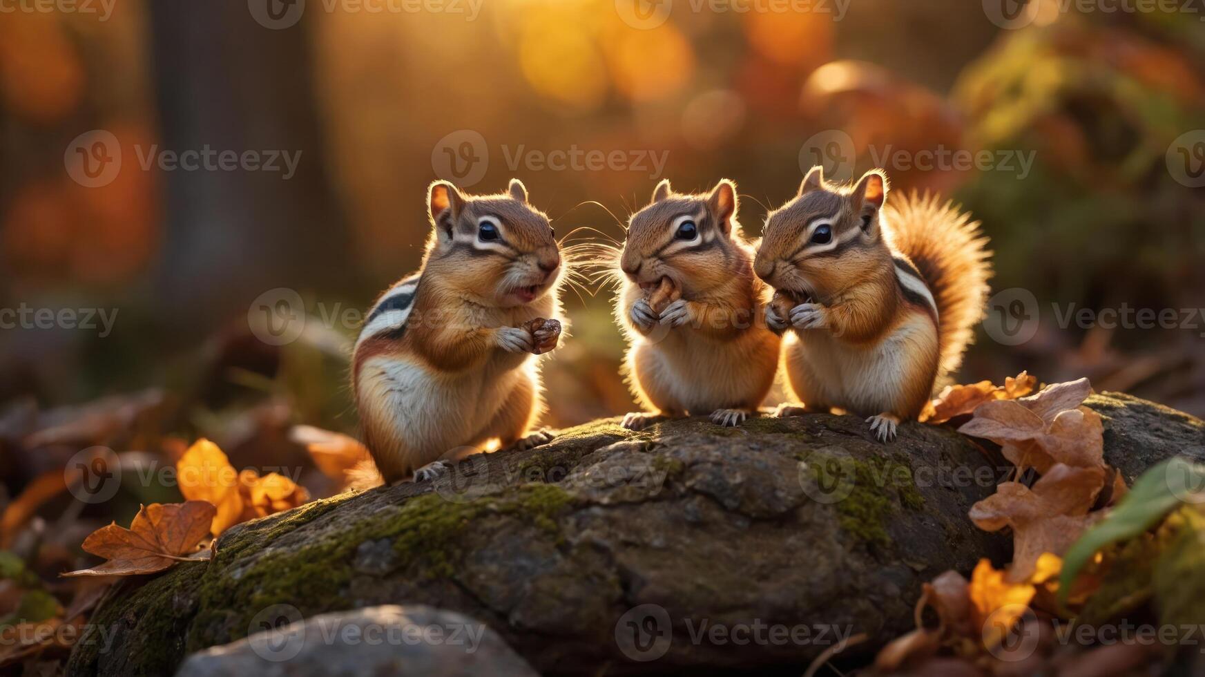 Three chipmunks sitting on a rock in a forest during autumn, surrounded by colorful leaves photo