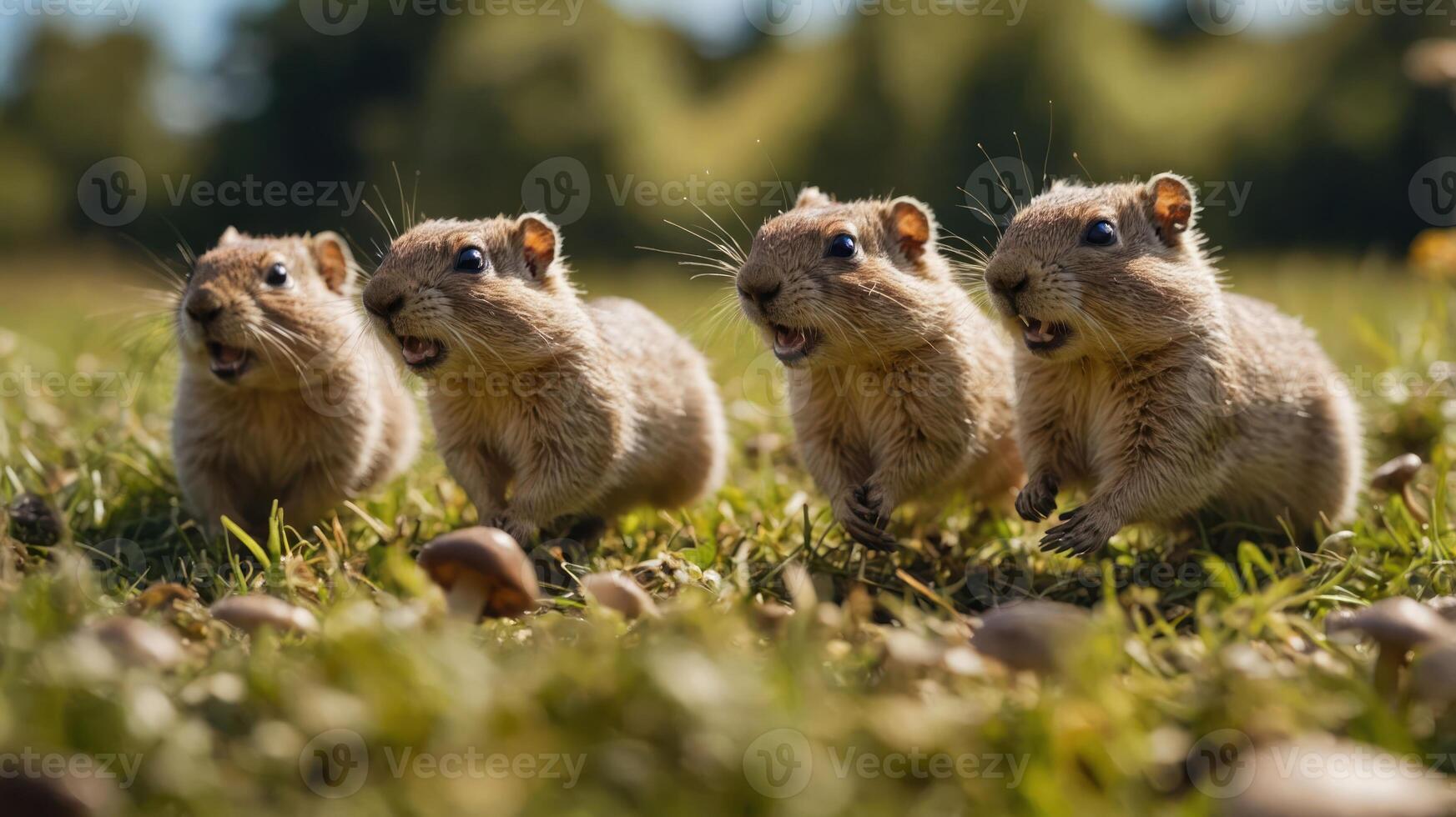 Four playful small mammals running across a grassy field with a blurred natural background photo