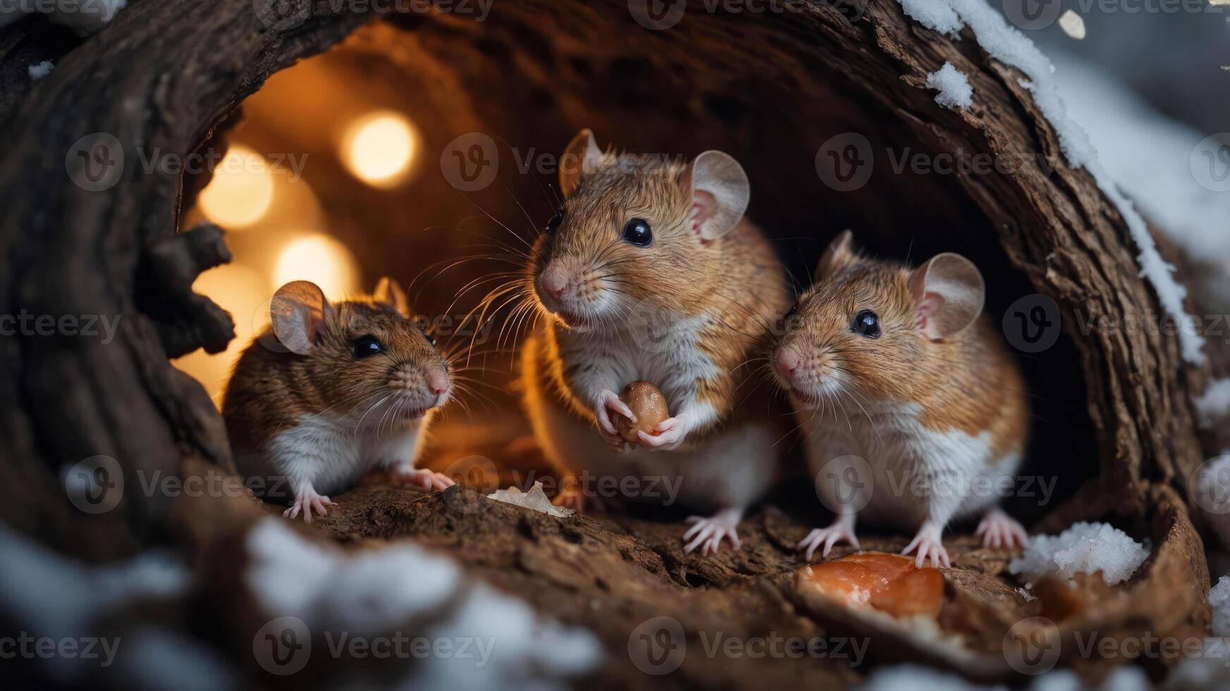 Three adorable hamsters gathering in a cozy log during winter, surrounded by soft snow and warm lights photo
