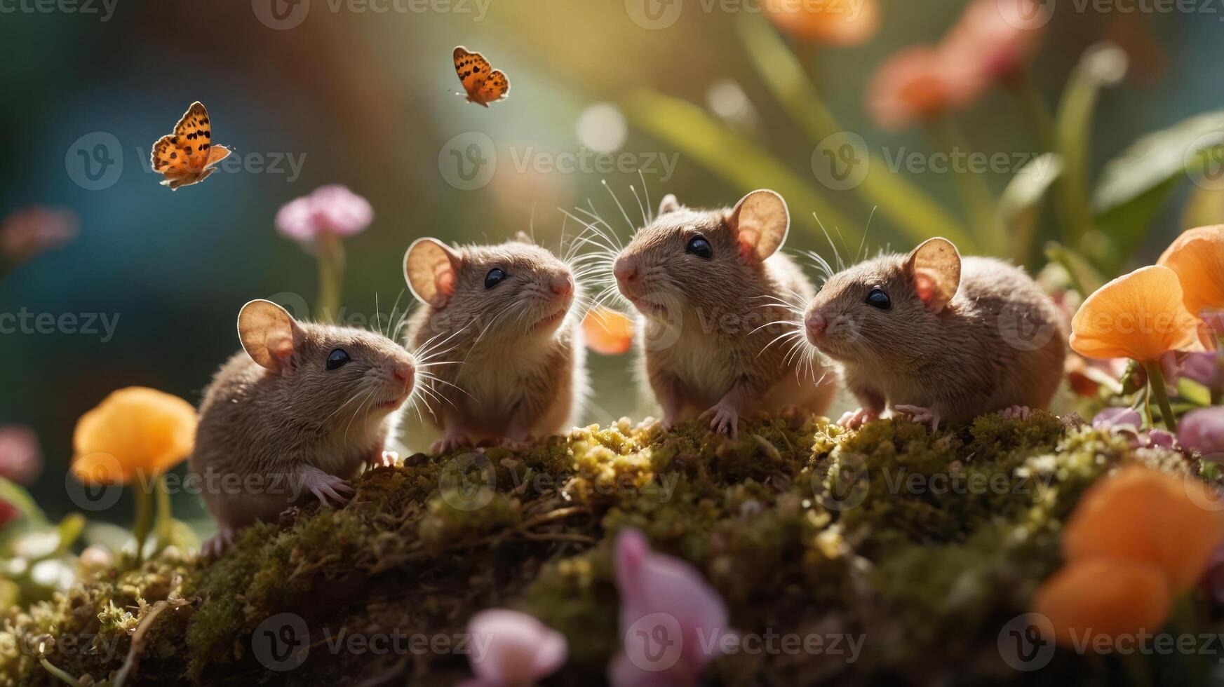 Four adorable mice curiously gaze at butterflies amidst vibrant flowers in a serene garden photo
