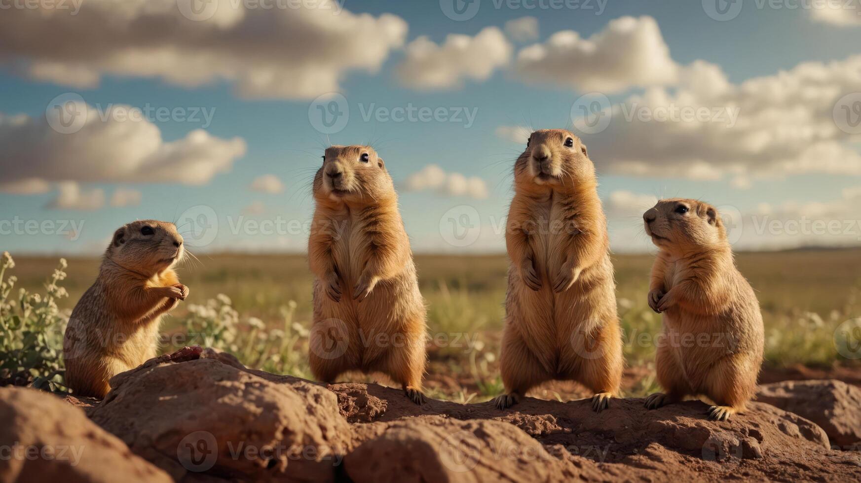Four prairie dogs standing on rocks in a grassy field under a cloudy sky at sunset photo