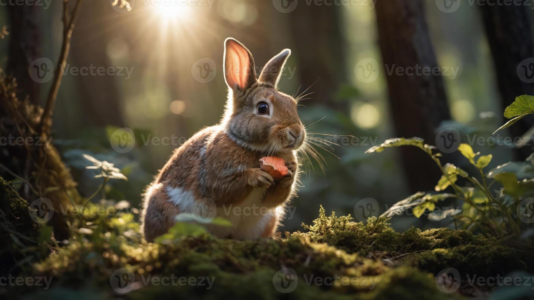 A rabbit enjoying a carrot in a sunlit forest, surrounded by lush greenery and soft moss photo