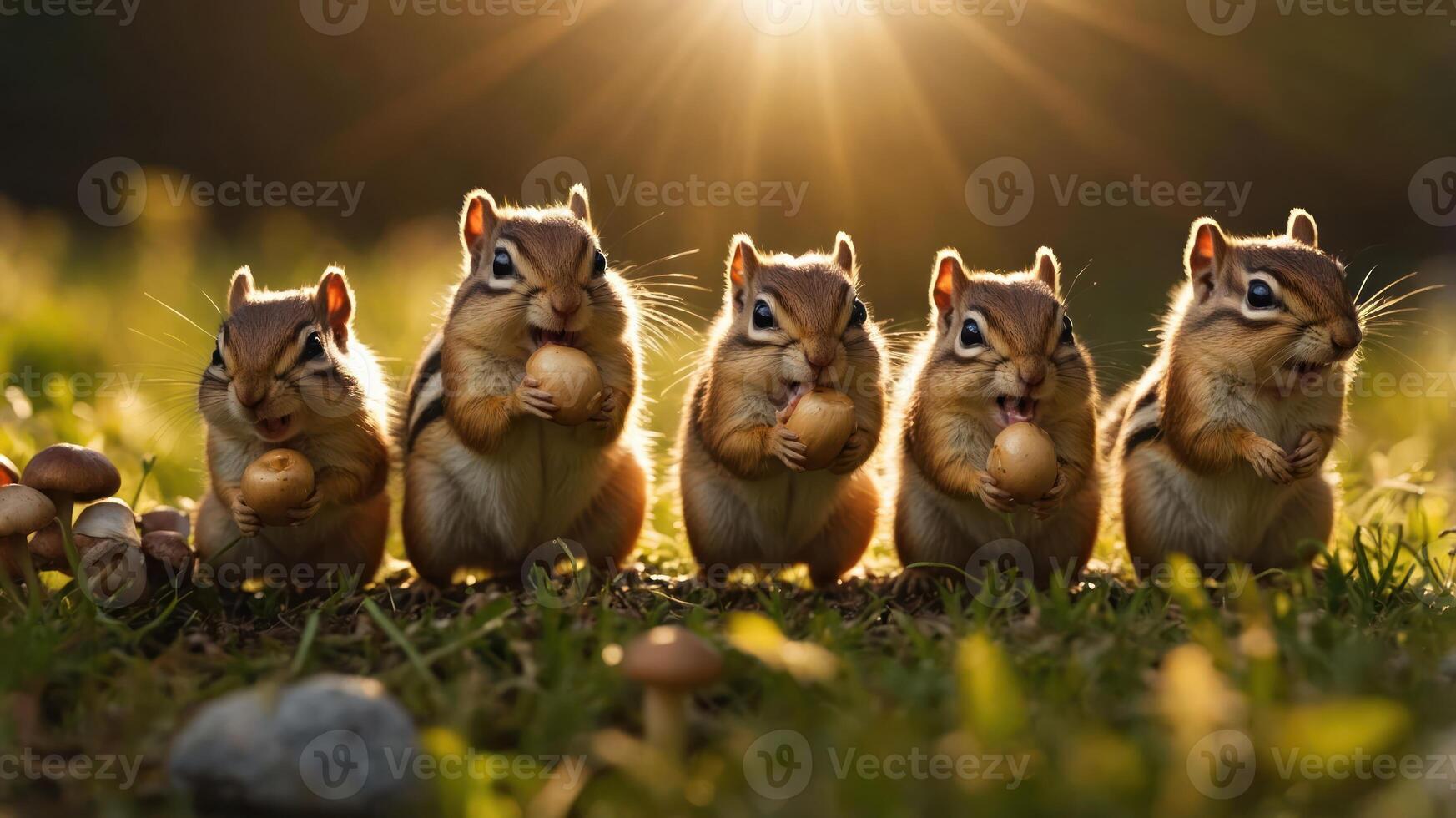 Five chipmunks enjoying mushrooms in a sunlit meadow with a soft glow in the background photo
