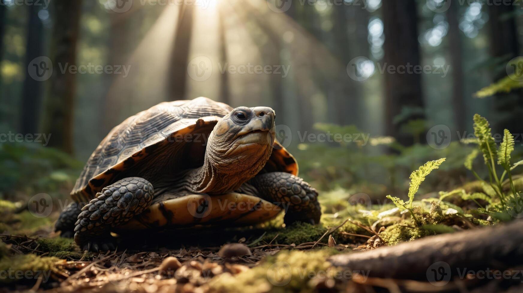 A serene forest scene featuring a turtle basking in sunlight amidst lush greenery photo