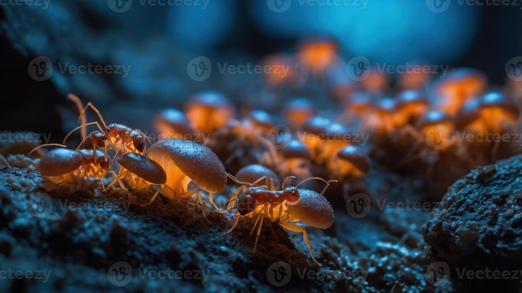 Close-up of glowing ants interacting in a dark forest environment, showcasing their habitat and behavior photo