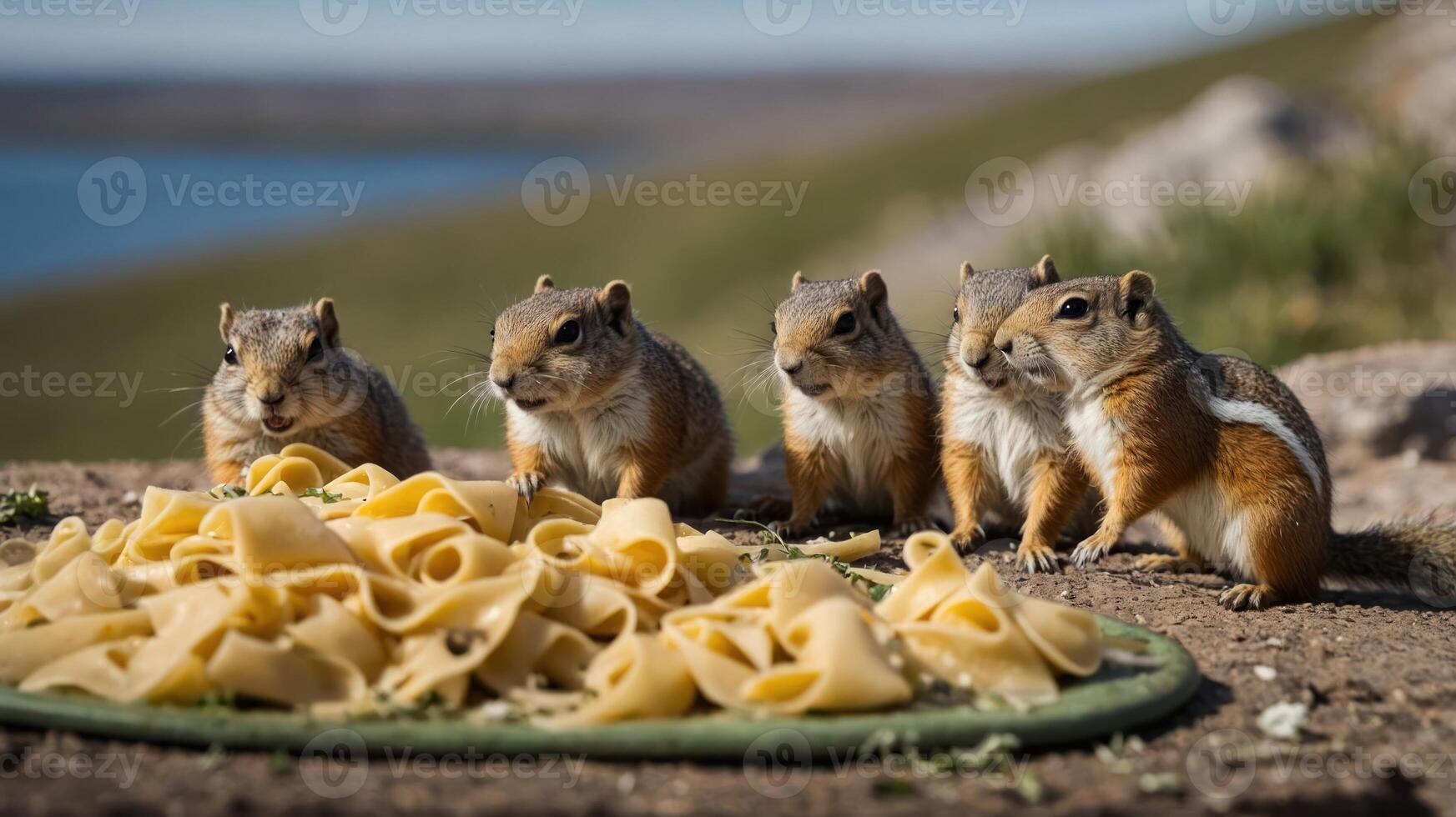 Five squirrels gather around a large plate of pasta on a sunny day near a lake photo