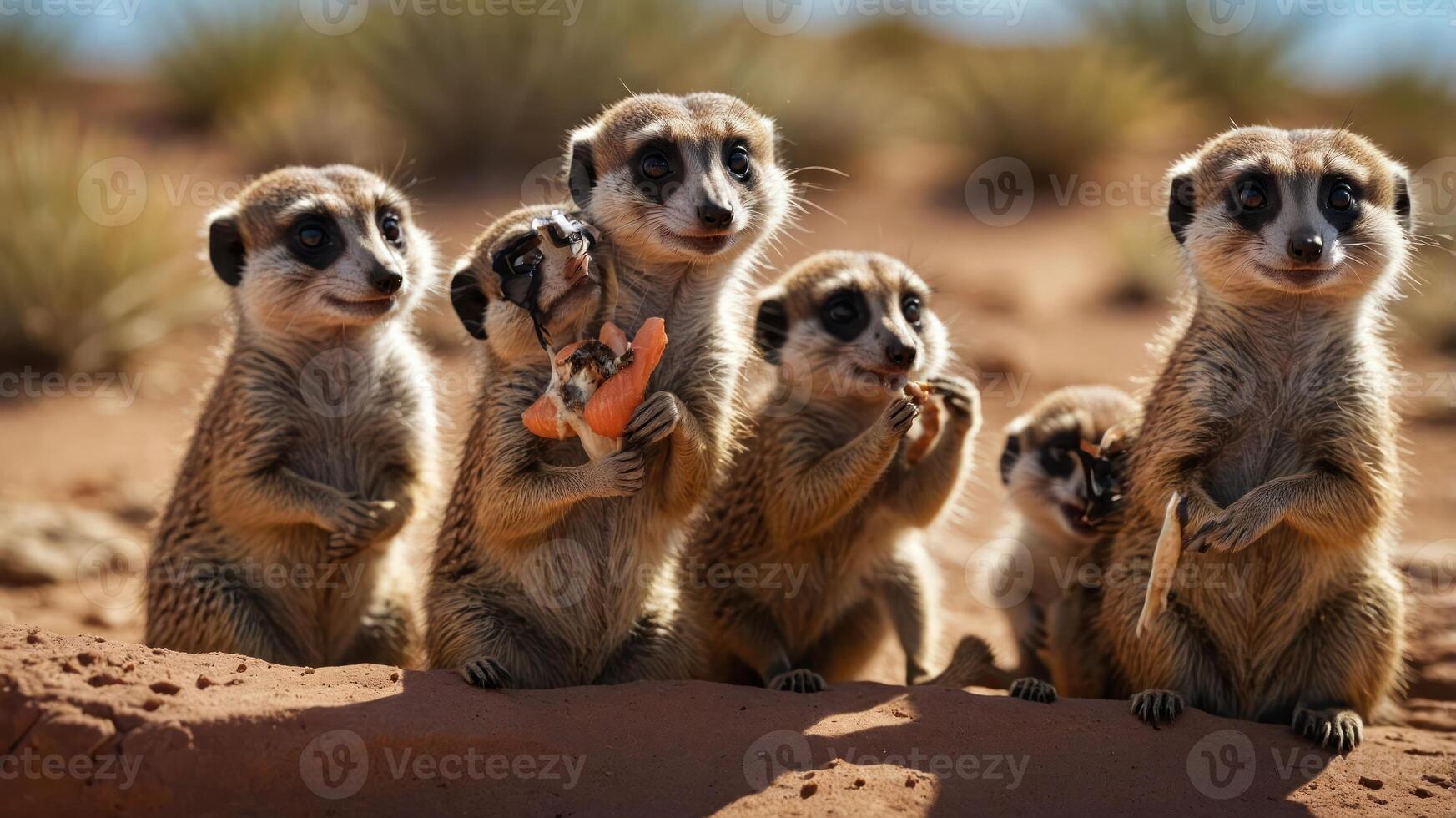 A group of meerkats standing together in a desert landscape, showcasing their playful interaction photo