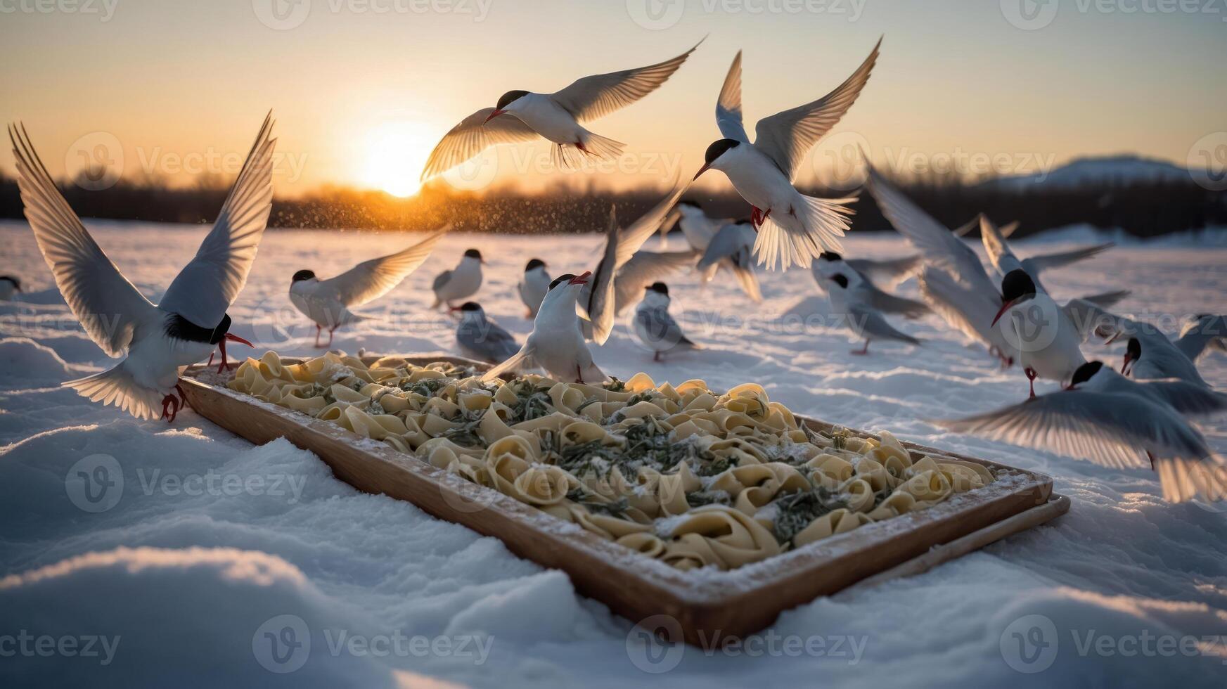 Birds feeding on a large tray of pasta in a snowy landscape during sunset, showcasing nature's interaction photo