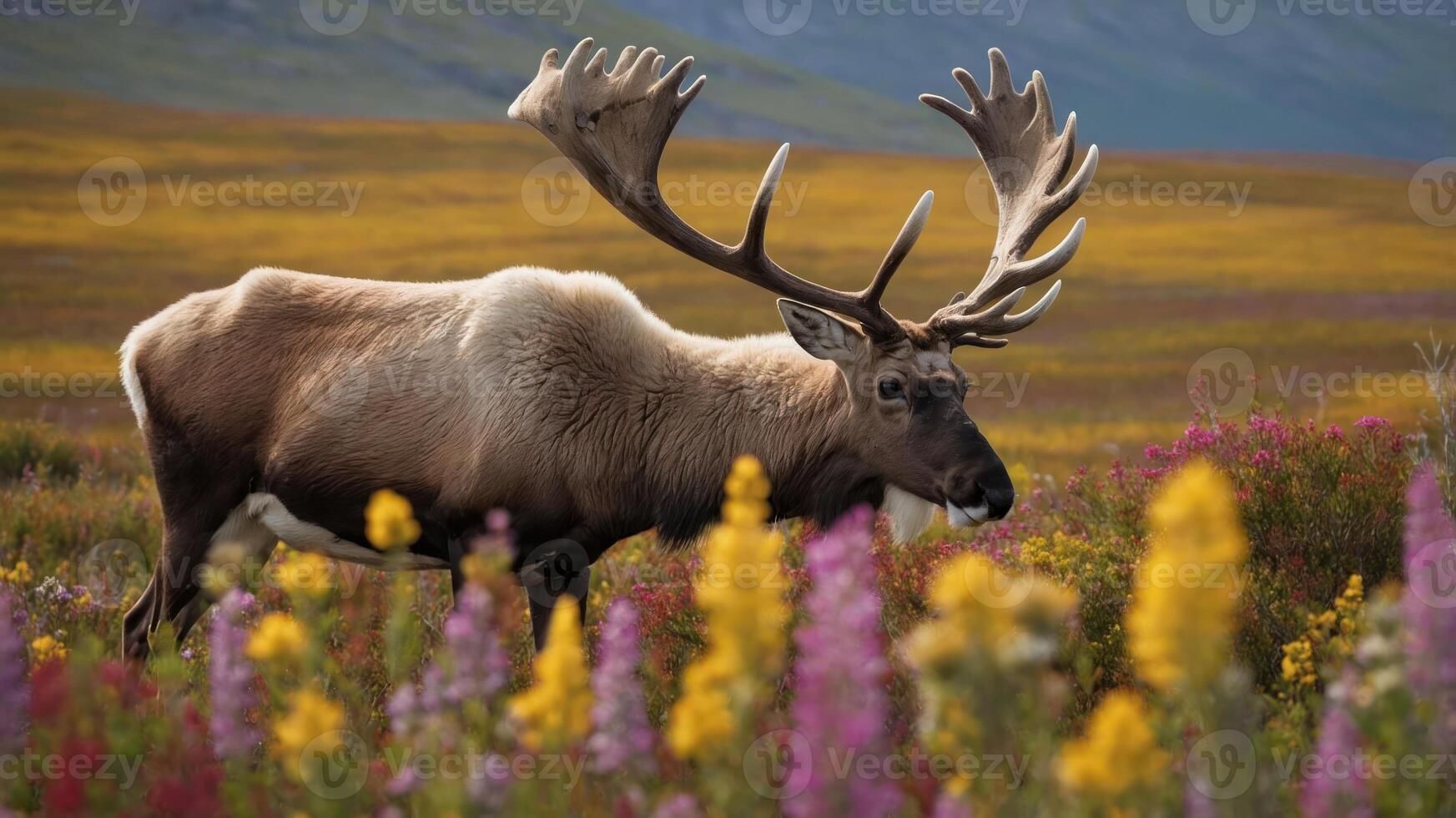 Majestic reindeer grazing in vibrant wildflower meadow under a clear blue sky in summer photo
